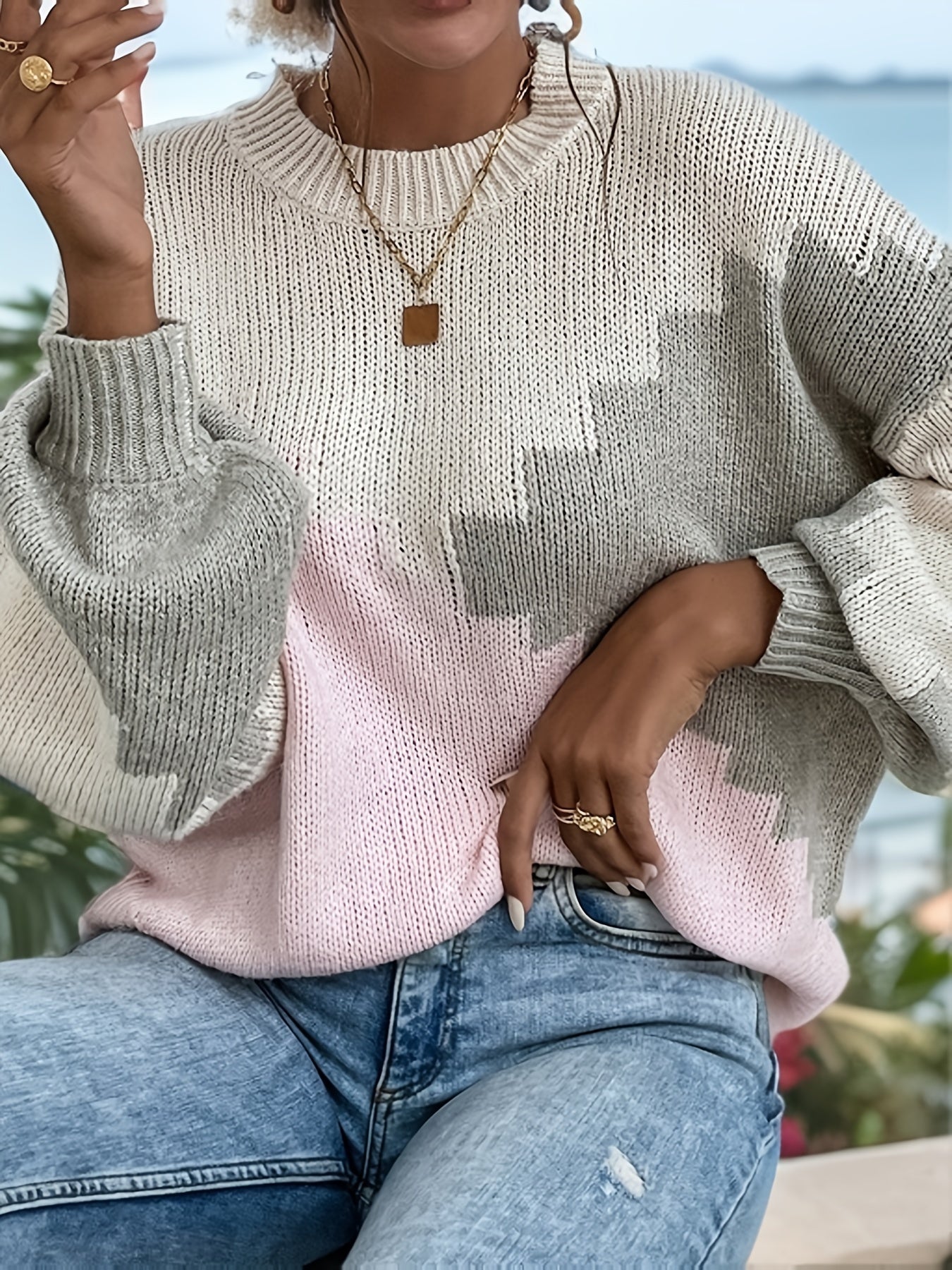 vlovelaw Color Block Crew Neck Sweater, Casual Long Sleeve Drop Shoulder Sweater, Women's Clothing