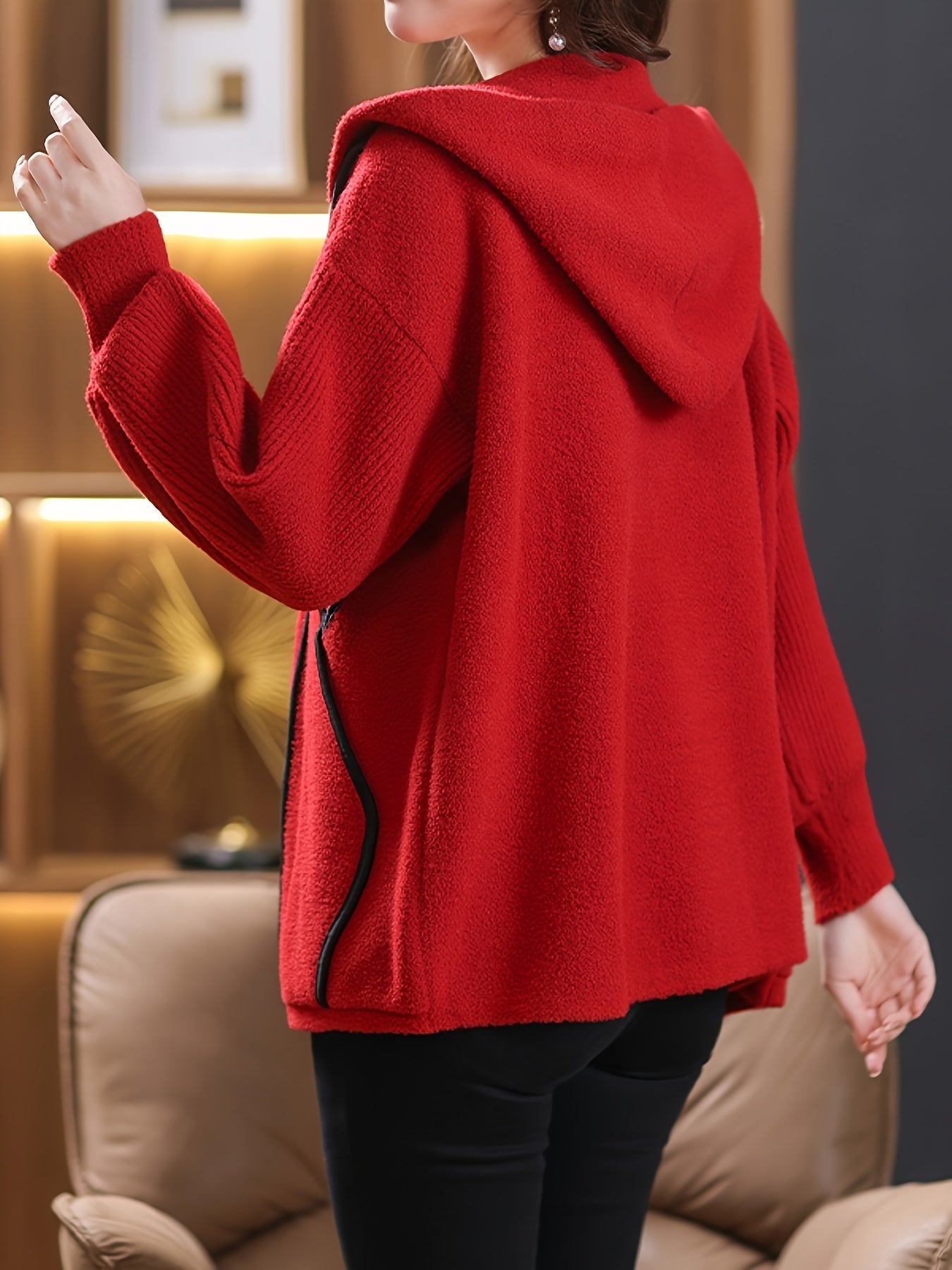 vlovelaw Contrast Trim Zipper Hooded Jacket, Versatile Long Sleeve Outwear For Fall & Winter, Women's Clothing