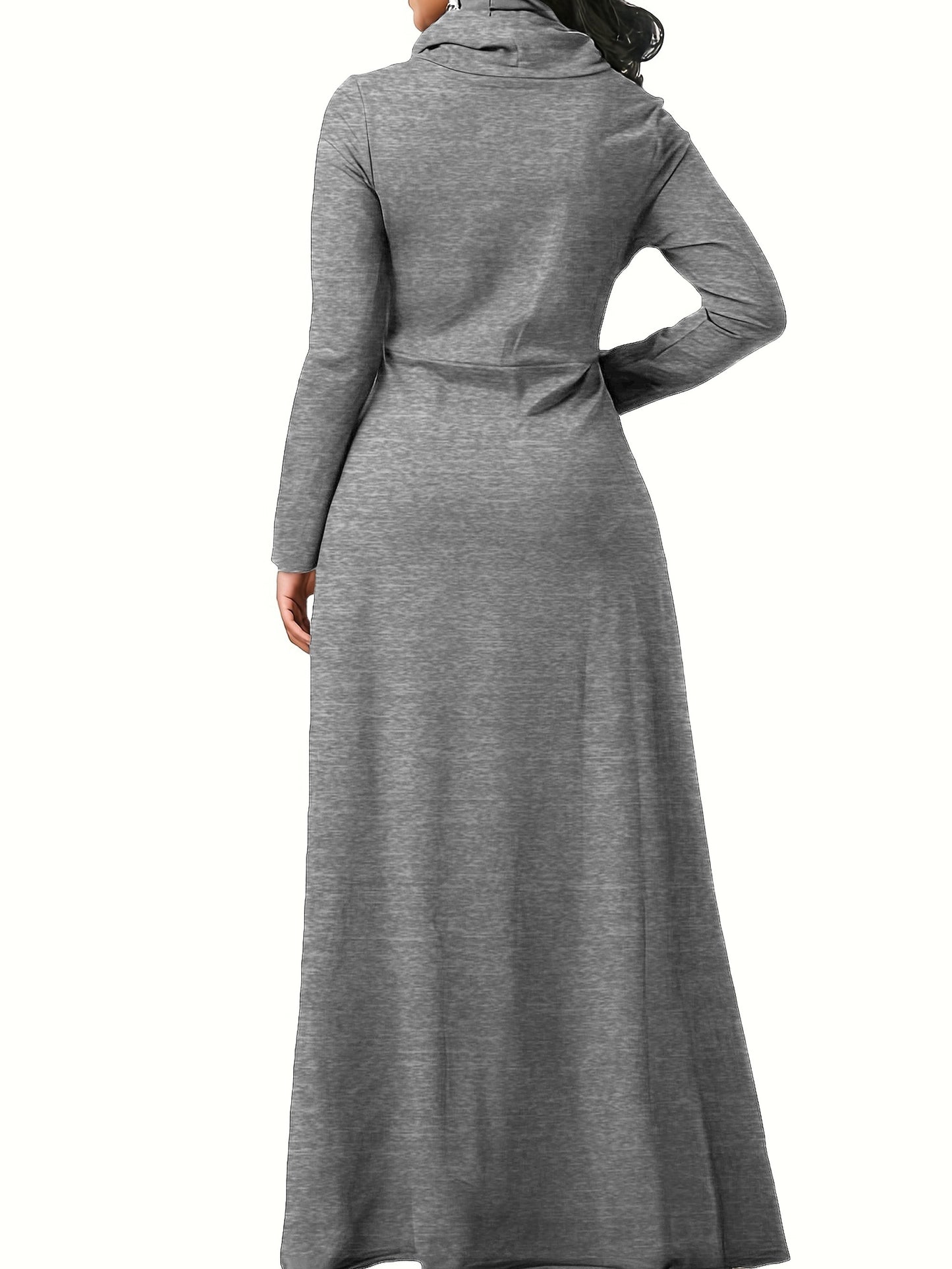 Plus Size Casual Dress, Women's Plus Solid Long Sleeve Turtleneck High Stretch Maxi Dress With Pockets