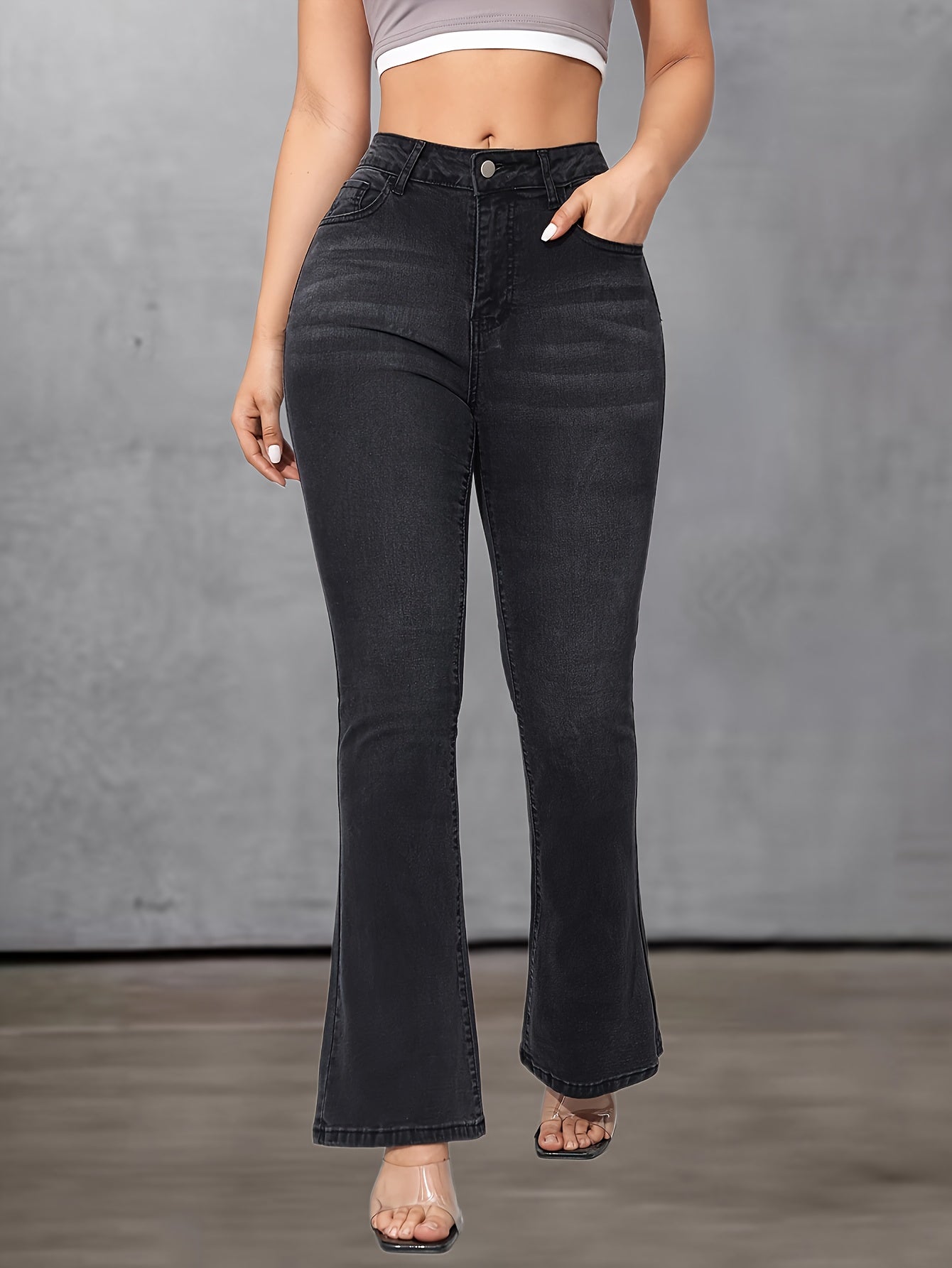 vlovelaw Slim Fit Stretchy Bootcut Jeans, Slant Pockets Whiskering Denim Pants, Women's Denim Jeans & Clothing