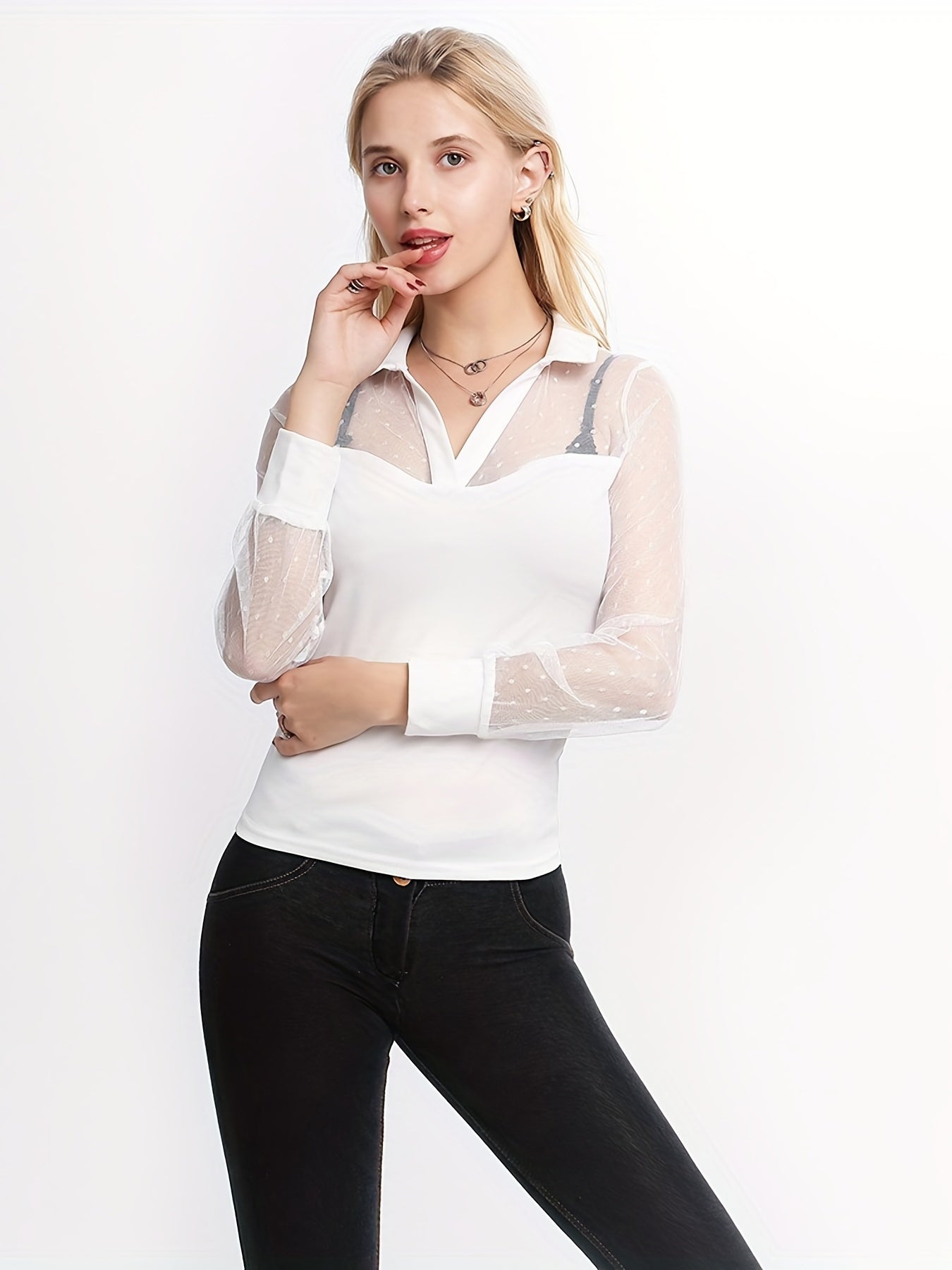 vlovelaw Solid Sheer Contrast Blouse, Casual Collar Long Sleeve Slim Blouse, Women's Clothing