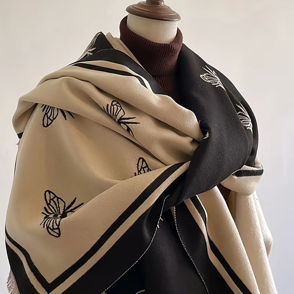 Bee Jacquard Scarf - Timeless Elegant Style, Ultra-Soft, Warm and Cozy, Fashionable Fringe, Windproof and Coldproof - Perfect for Autumn and Winter, Versatile Shawl Design, Cozy Blanket Scarf