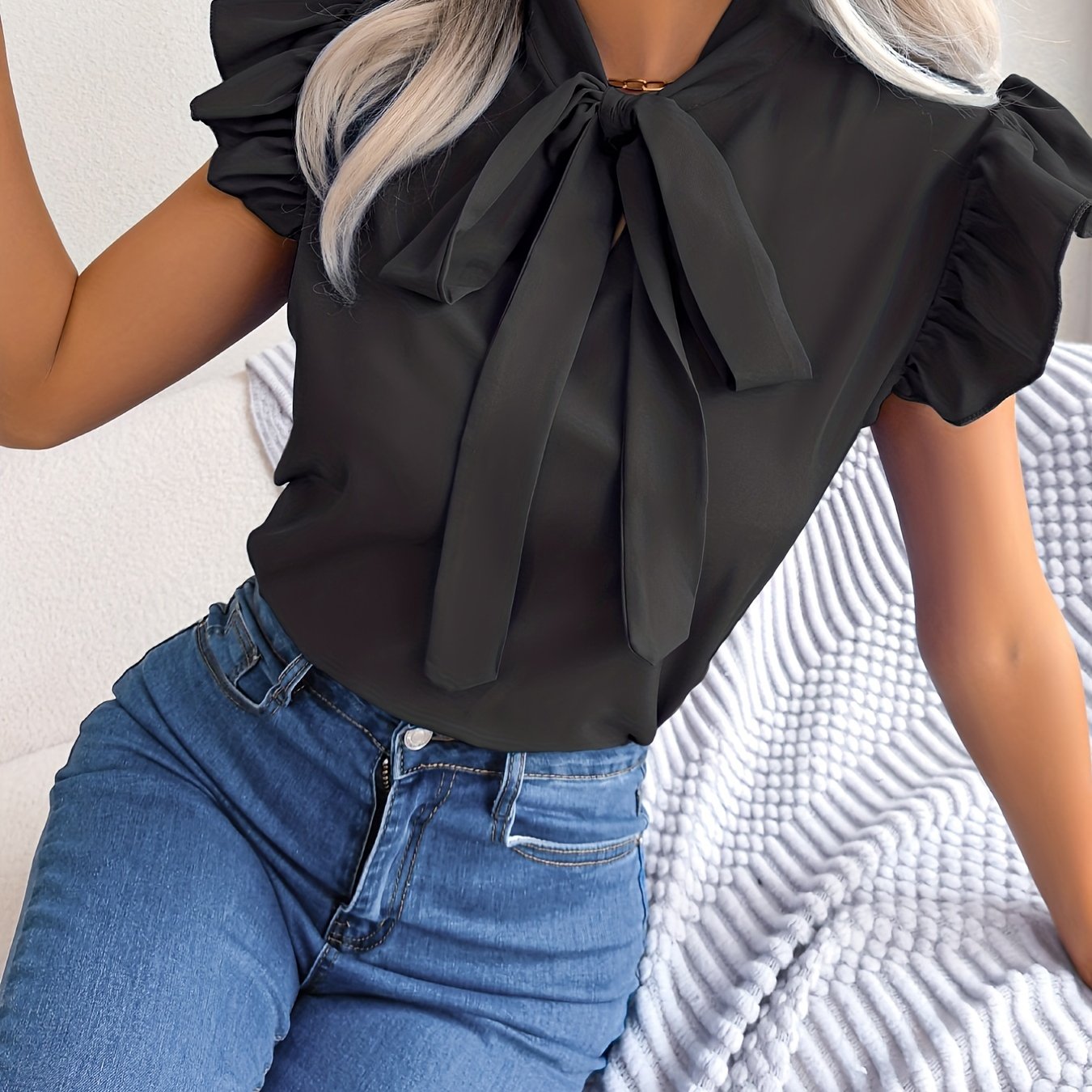 vlovelaw Bow Tie Flutter Sleeve Blouse, Elegant Sleeveless Solid Ruffle Trim Blouse, Women's Clothing