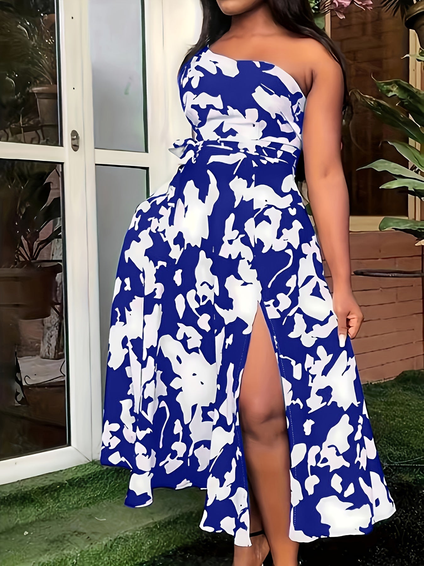 vlovelaw Plus Size Elegant Dress, Women's Plus Geometric Print One Shoulder Split Hem Party Dress