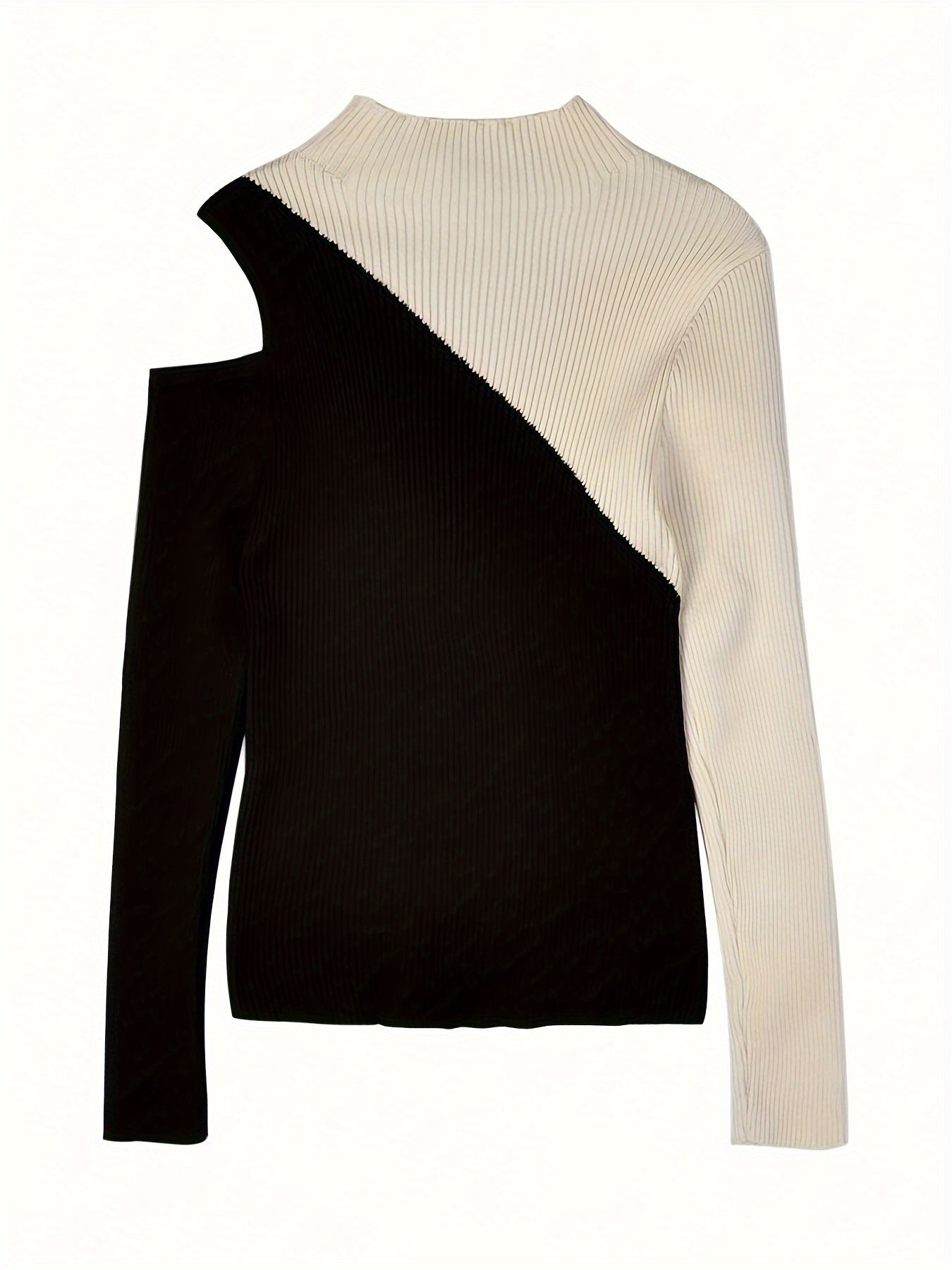 vlovelaw Color Block Pullover Sweater, Casual Cold Shoulder Mock Neck Long Sleeve Top, Women's Clothing