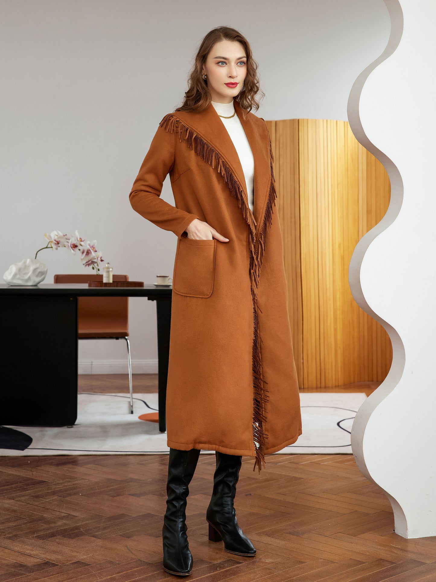 vlovelaw Tassel With Pocket Solid Coat, Casual Belted Long Sleeve Coat For Fall, Women's Clothing