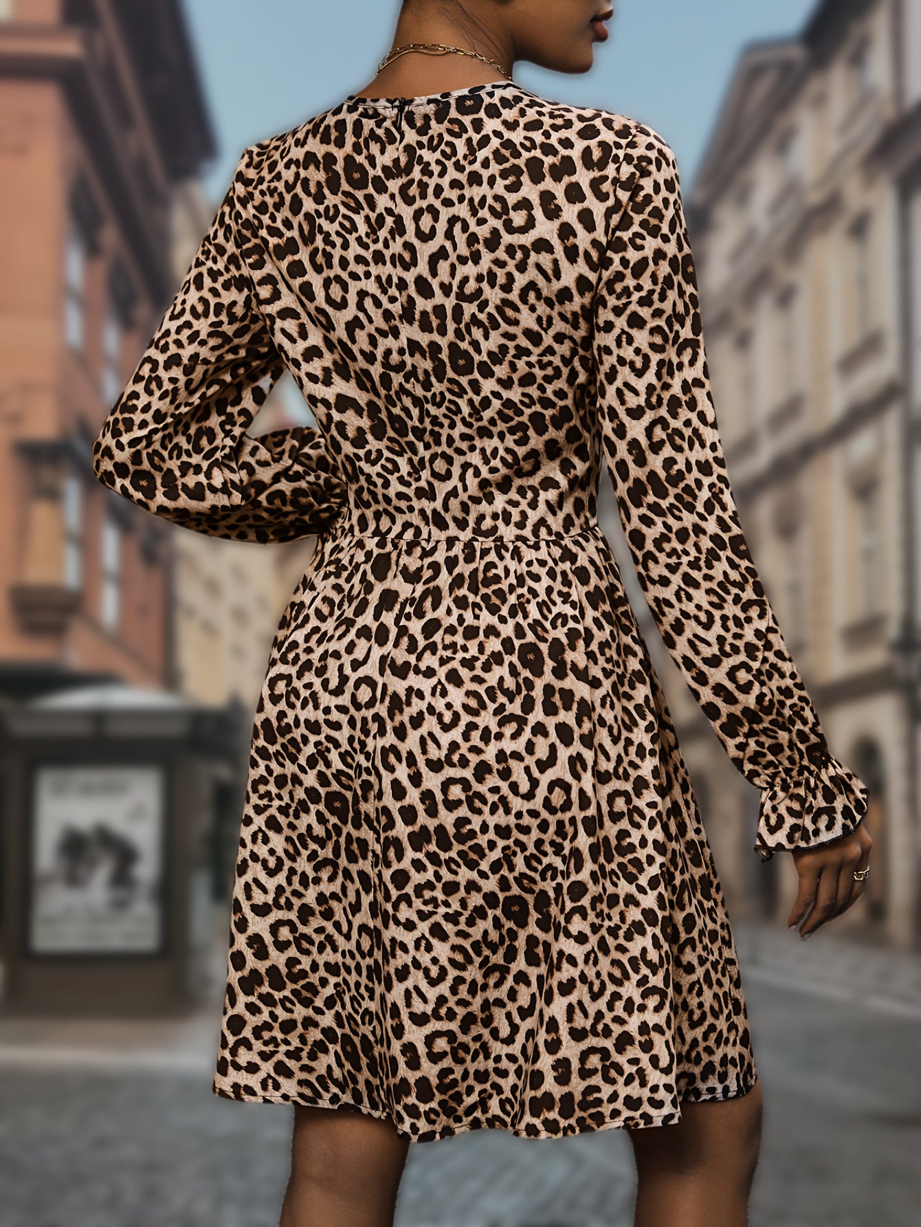 Leopard Print Lantern Sleeve Dress, Casual V Neck Cinched Waist Dress, Women's Clothing