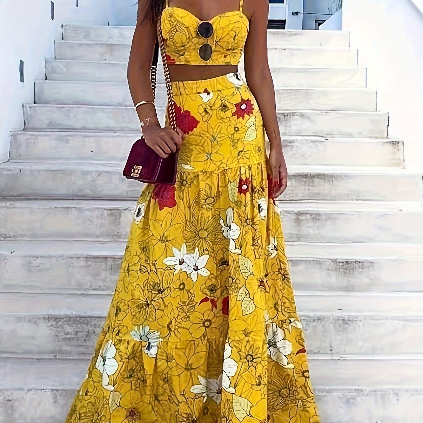 vlovelaw Floral Print Two-piece Skirt Set, Crop Cami Top & Maxi Length A-line Skirt Outfits, Women's Clothing