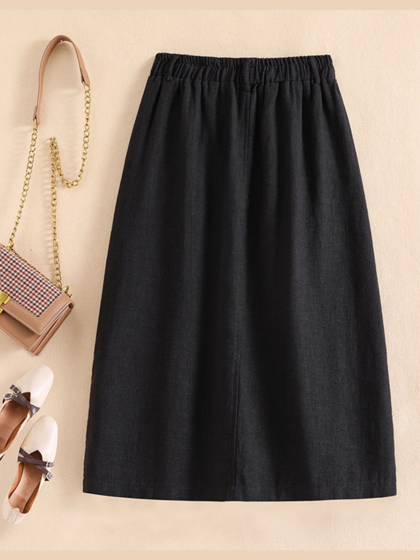 Solid Elastic Waist Button Cotton Skirt, Vintage Pocket Midi Skirt For Spring & Fall, Women's Clothing