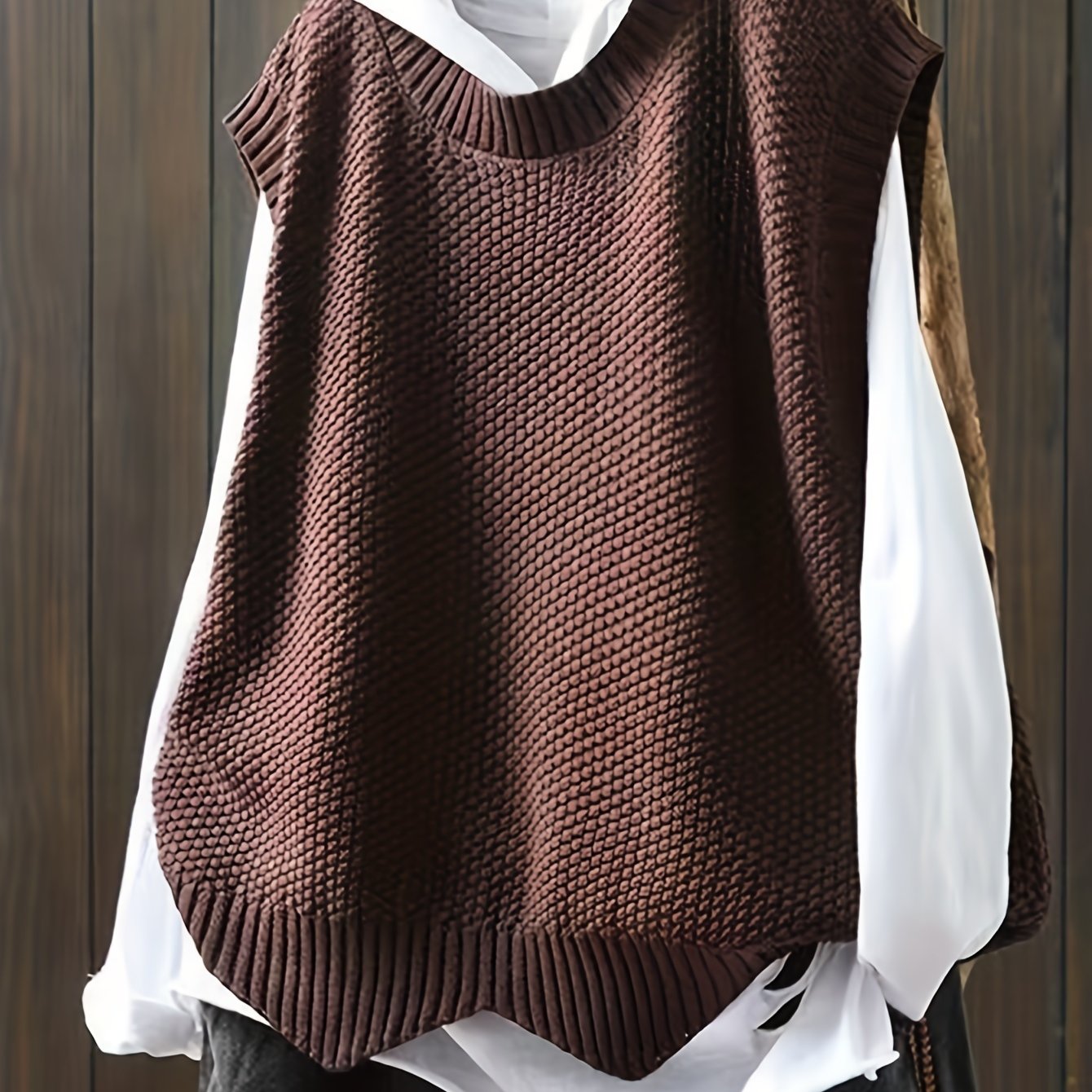 Solid Crew Neck Knitted Vest, Casual Sleeveless Loose Sweater, Women's Clothing