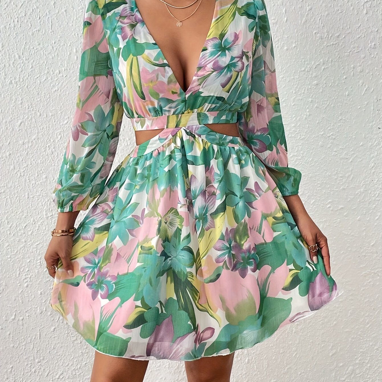 vlovelaw Floral Print Cut Out Dress, Elegant V-neck Lantern Sleeve Dress For Spring & Fall, Women's Clothing