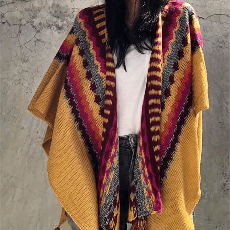 vlovelaw Bohemia Elegant Stretch Shawl Multi-color Striped Knitted Tassel Shawl Casual Warm Travel Outwear Wrap