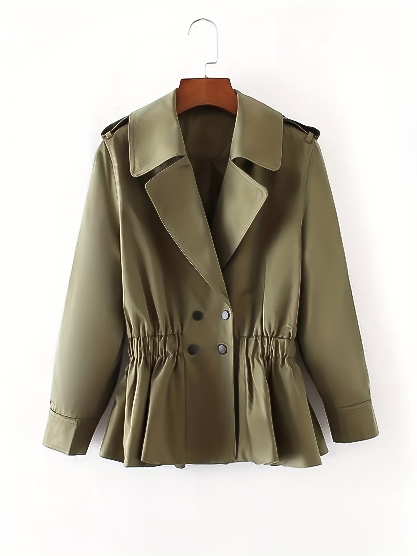Ruffle Hem Lapel Trench Coat, Vintage Double Breasted Long Sleeve Outerwear, Women's Clothing