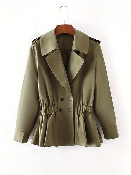 Ruffle Hem Lapel Trench Coat, Vintage Double Breasted Long Sleeve Outerwear, Women's Clothing