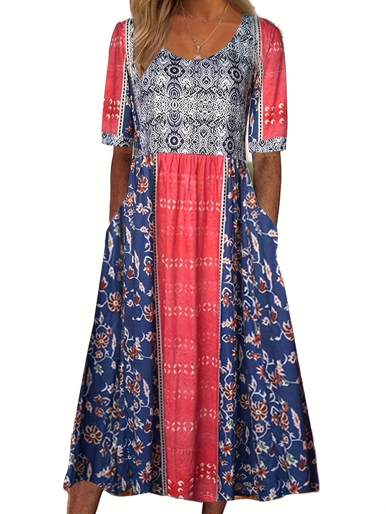 Floral Print Crew Neck Dress, Casual Short Sleeve Dress For Spring & Summer, Women's Clothing