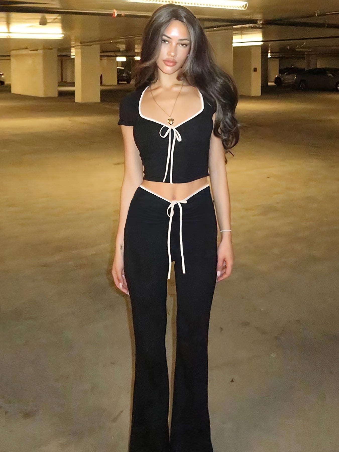 vlovelaw Tie Front Contrast Trim Casual Two-piece Set, Short Sleeve Crop Top & Flared Leg Pants Outfits, Women's Clothing