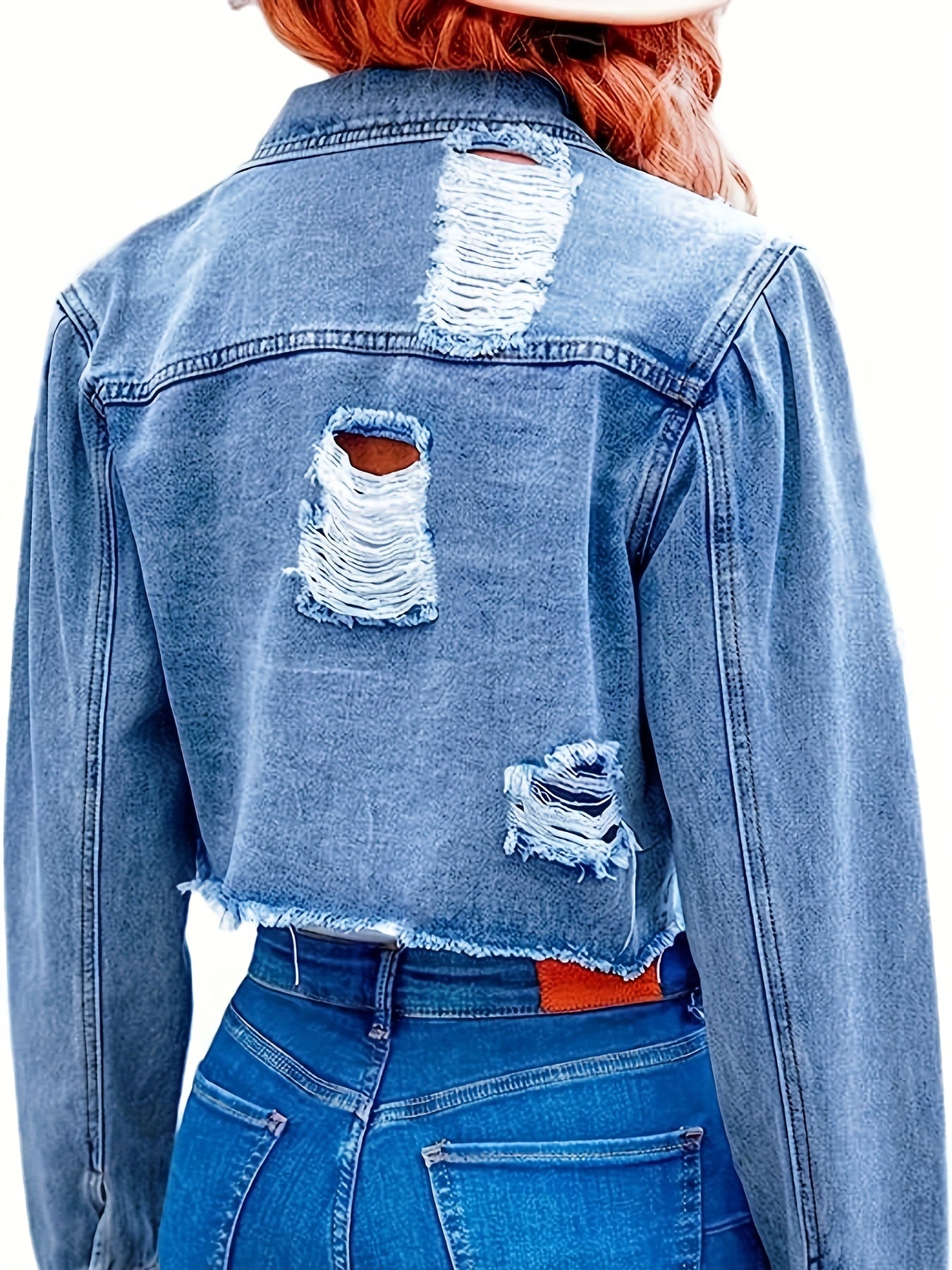 vlovelaw Blue Ripped Holes Denim Jackets, Long Sleeves Distressed Frayed Hem Lapel Denim Coats, Women's Denim Clothing