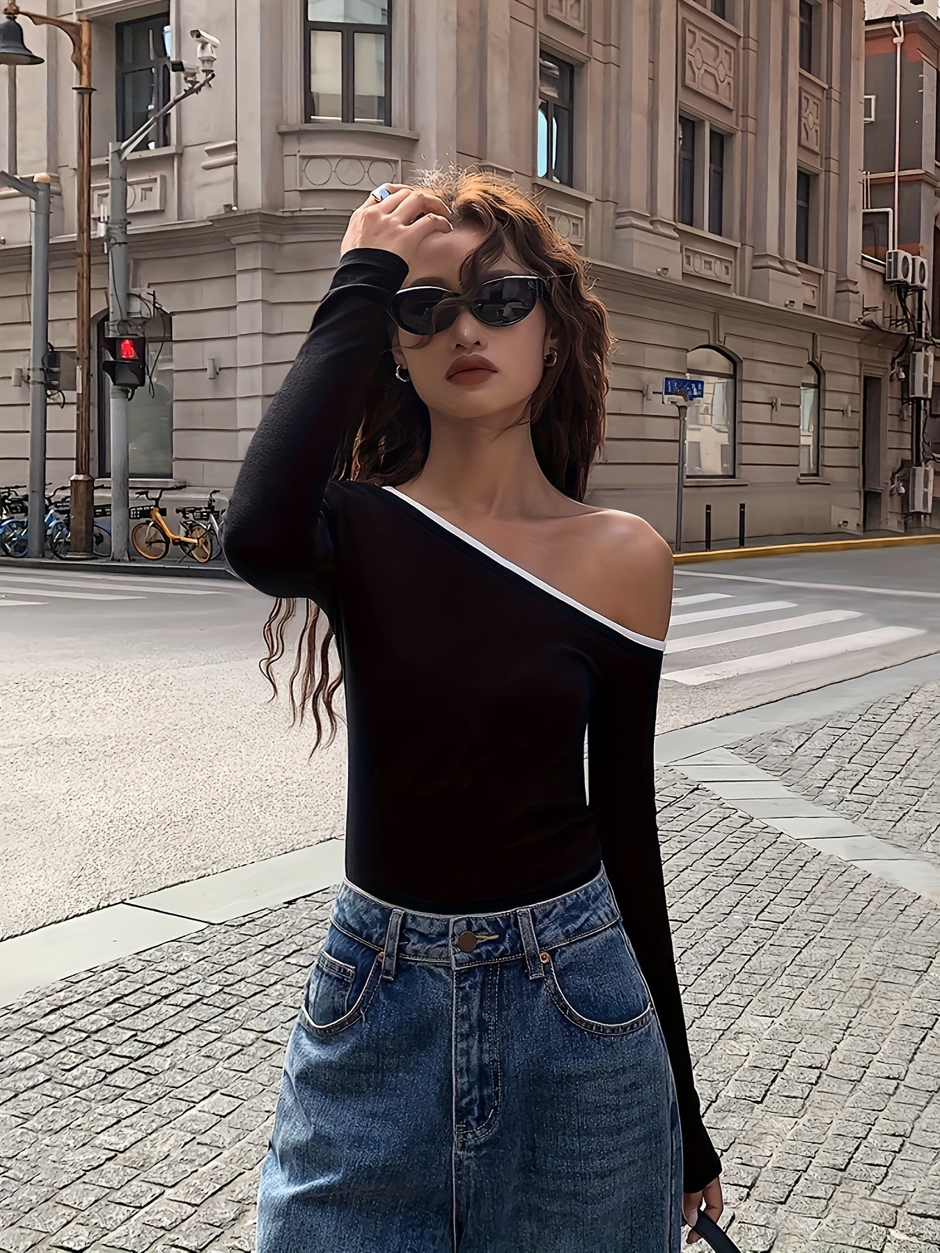 Contrast Trim One Shoulder T-shirt, Sexy Long Sleeve Top For Spring & Fall, Women's Clothing