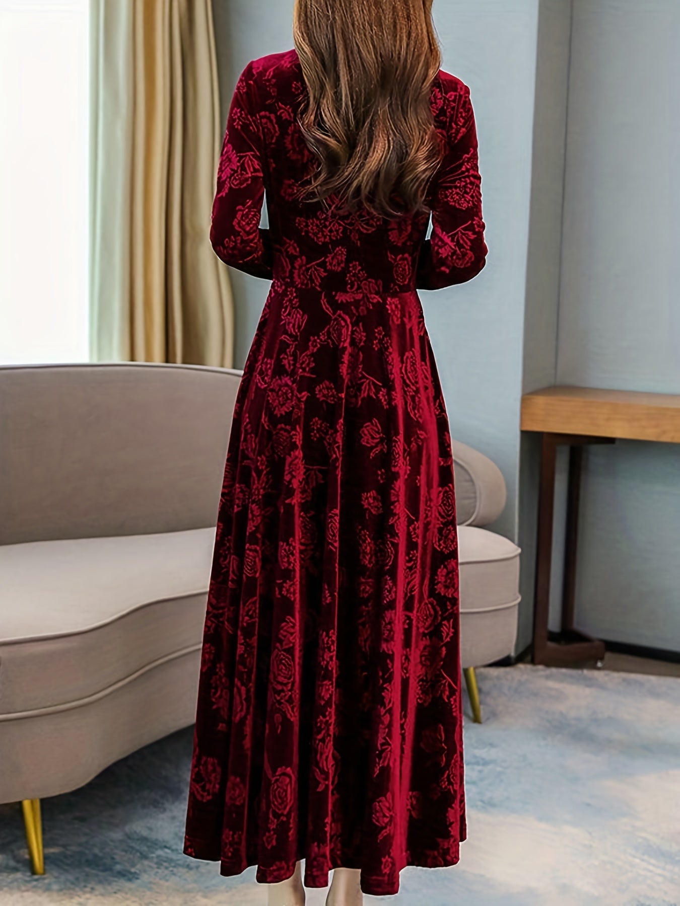 vlovelaw Floral Pattern Maxi Dress, Elegant V Neck Long Sleeve Dress, Women's Clothing