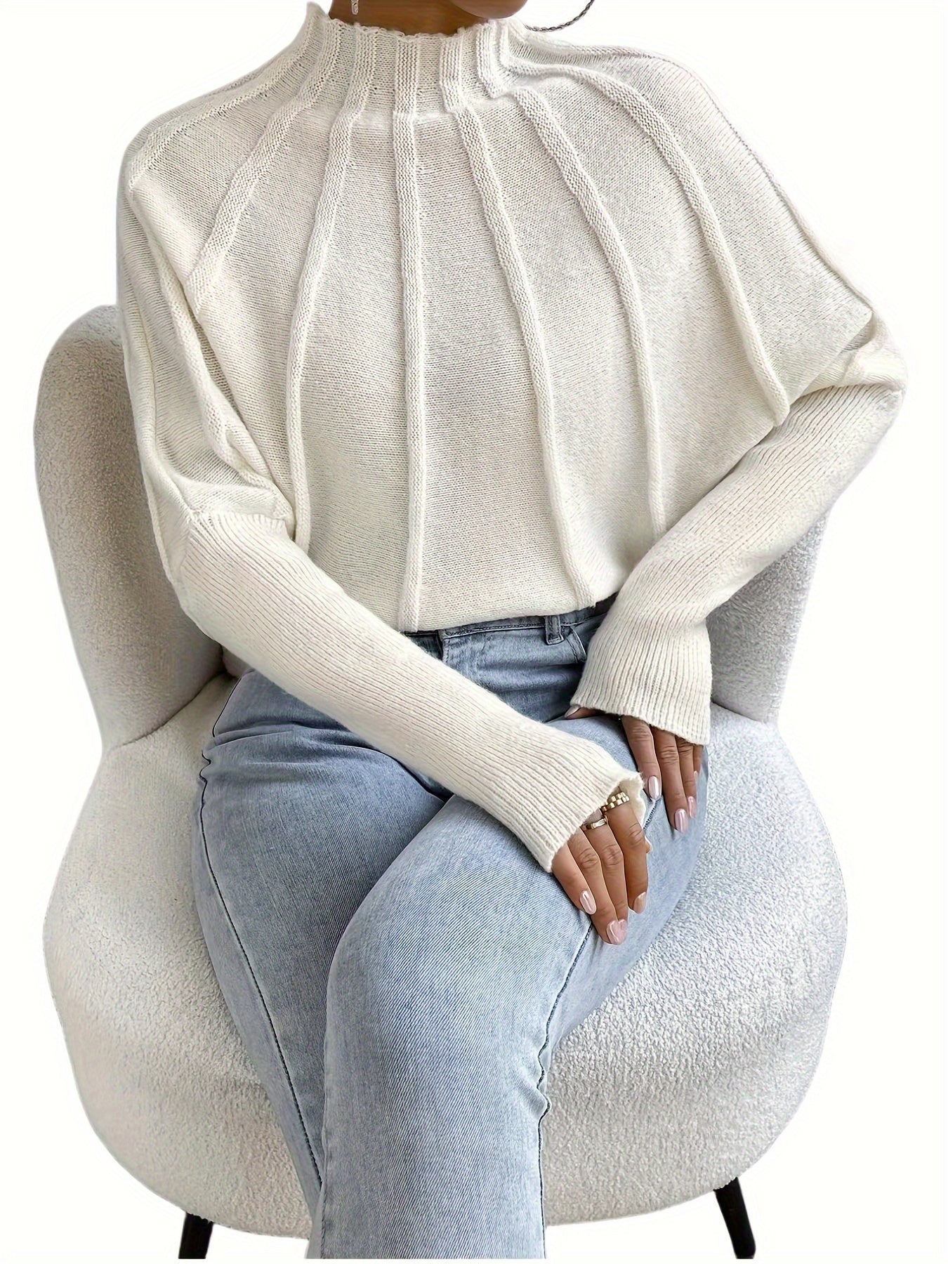 vlovelaw Solid Mock Neck Pullover Sweater, Elegant Batwing Sleeve Stylish Sweater, Women's Clothing