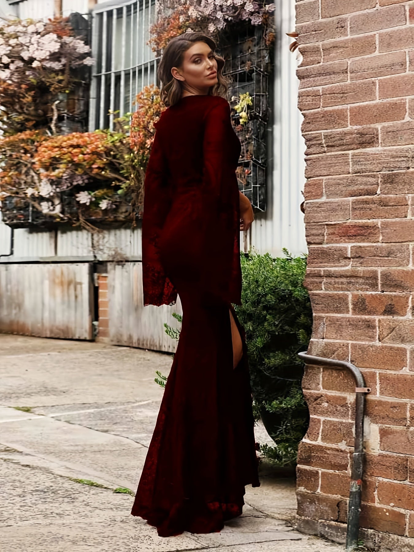 vlovelaw Guipure Lace V Neck Cocktail Dress, Elegant Cape Sleeve Split Slim Fit Evening Dress For Party & Banquet, Women's Clothing