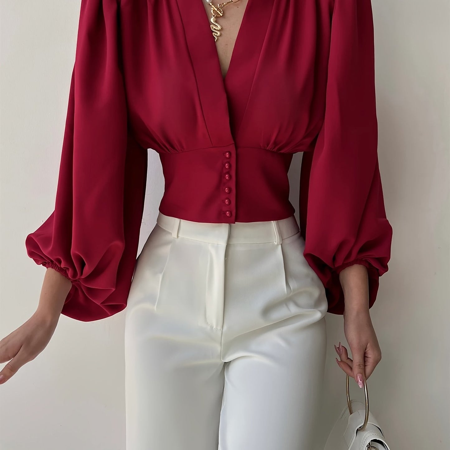 vlovelaw Solid Button Front V-neck Slim Blouse, Elegant Lantern Sleeve Blouse For Spring & Fall, Women's Clothing