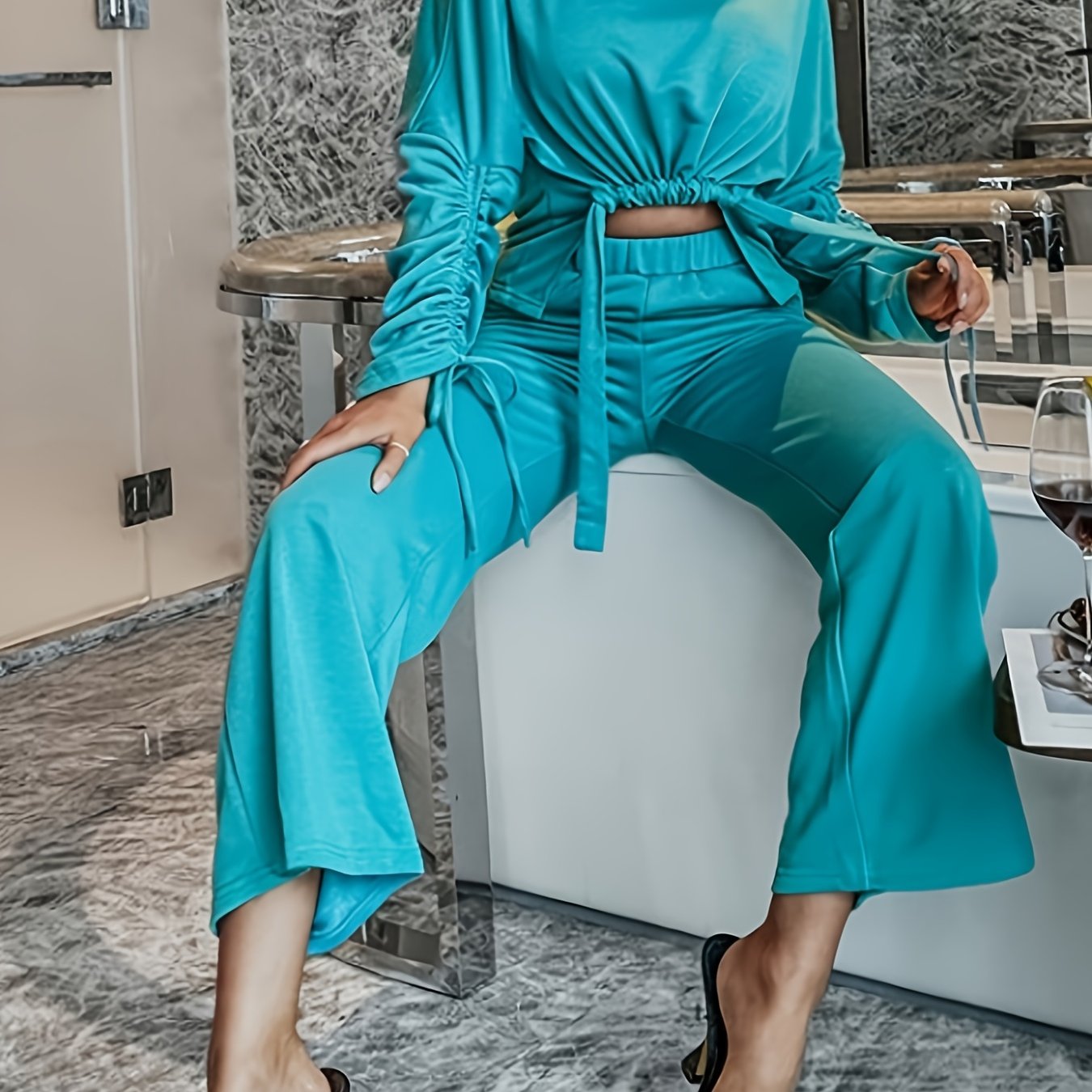 vlovelaw Sexy Solid Pantsuits Two-piece Set, Round Neck Pleated Tops & Loose Wide Leg High-waisted Pants Set, Women's Clothing