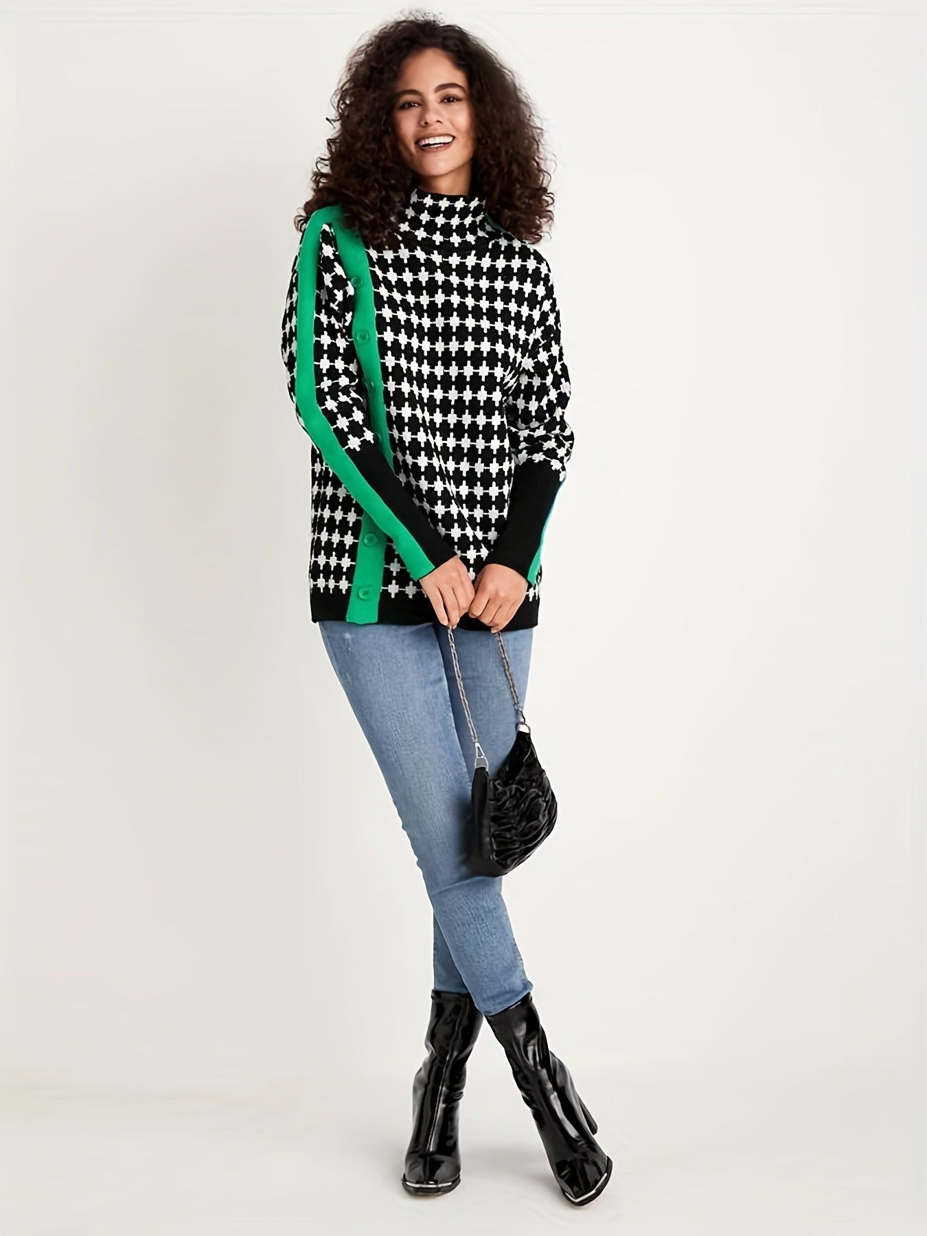 Allover Pattern Turtle Neck Pullover Sweater, Casual Button Decor Long Sleeve Loose Sweater, Women's Clothing