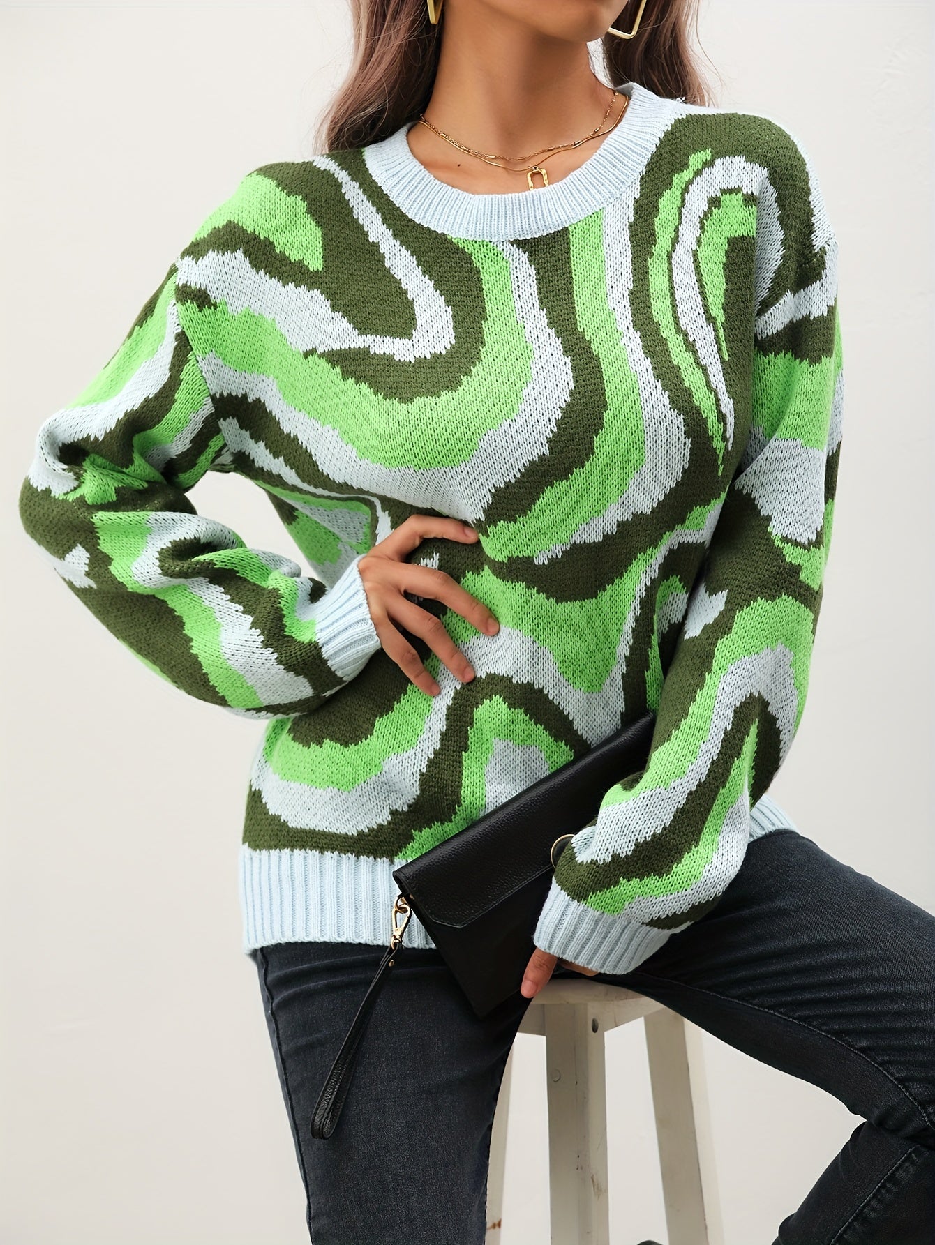 vlovelaw Tie Dye Crew Neck Knitted Pullover Sweater, Casual Long Sleeve Sweater For Fall & Winter, Women's Clothing