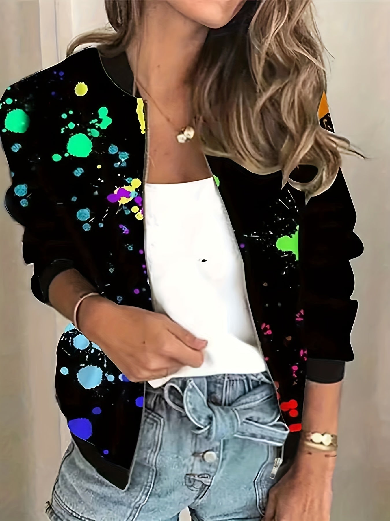 vlovelaw Graphic Print Zipper Jacket, Casual Baseball Neck Long Sleeve Outerwear, Women's Clothing