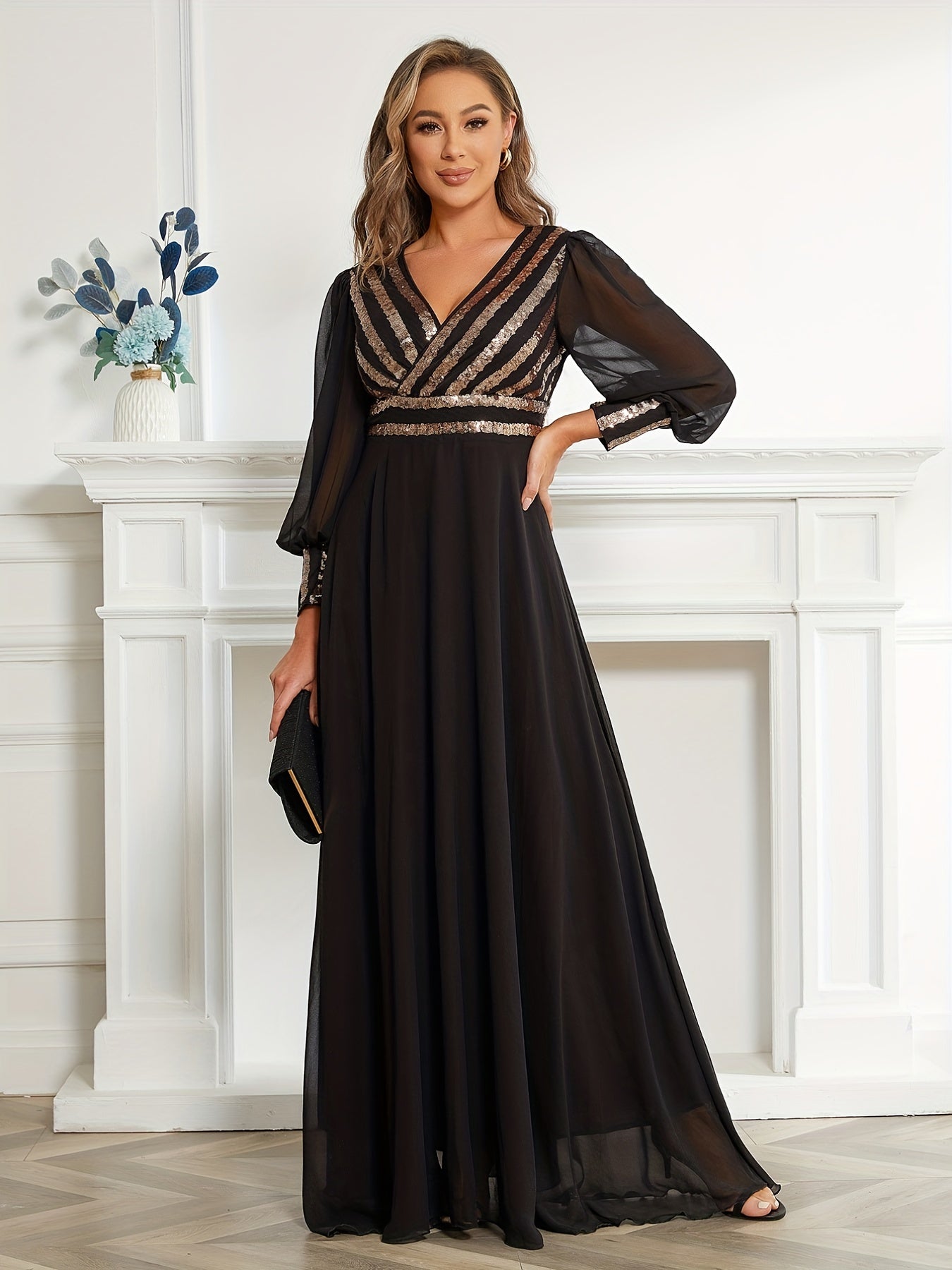 Elegant Striped Sequined Surplice Neck Dress, Sleeveless Ankle Dress For Party & Banquet, Women's Clothing