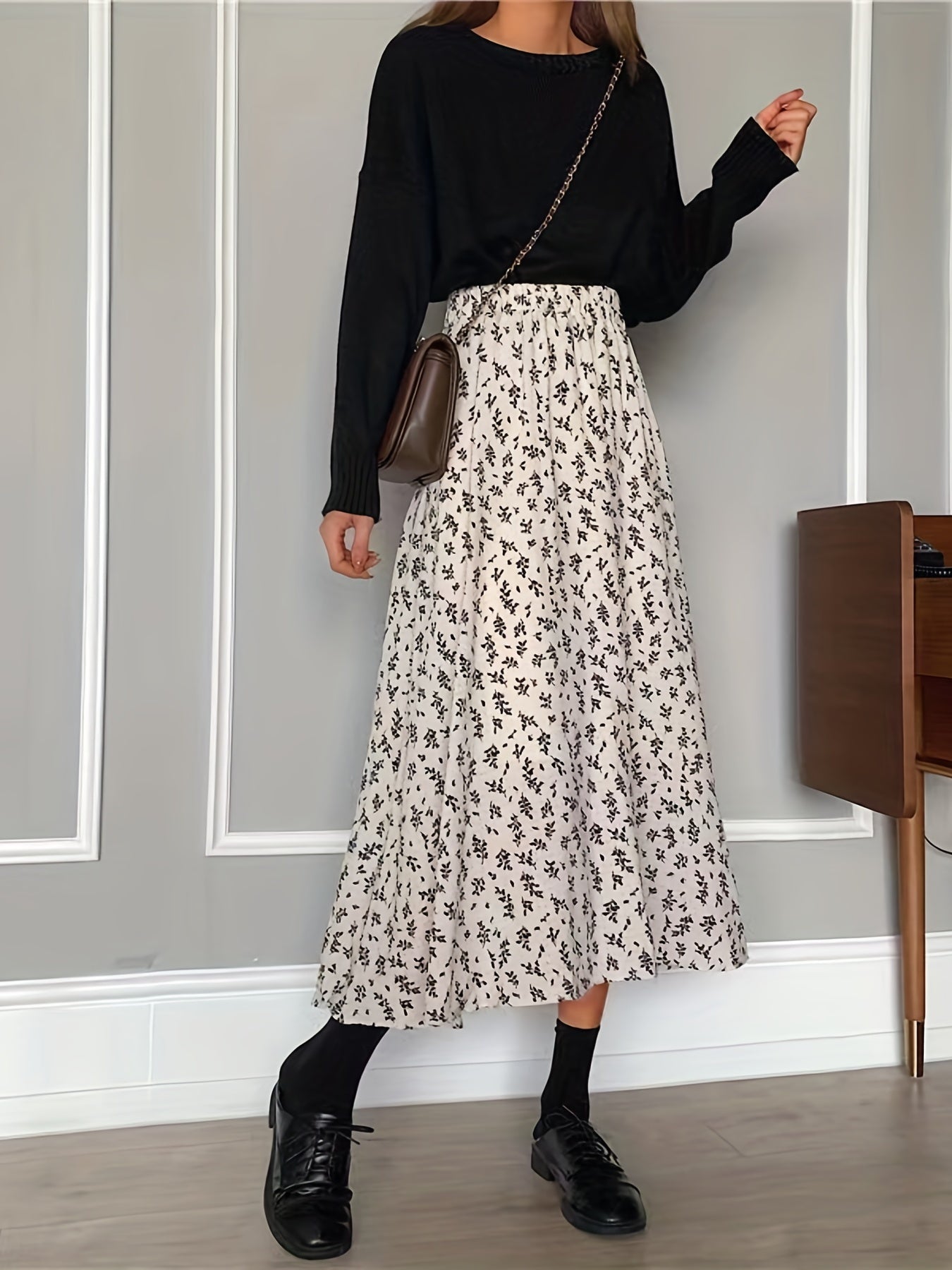 Ditsy Floral Print High Waist Skirt, Elegant Midi Skirt For Spring & Symmer, Women's Clothing