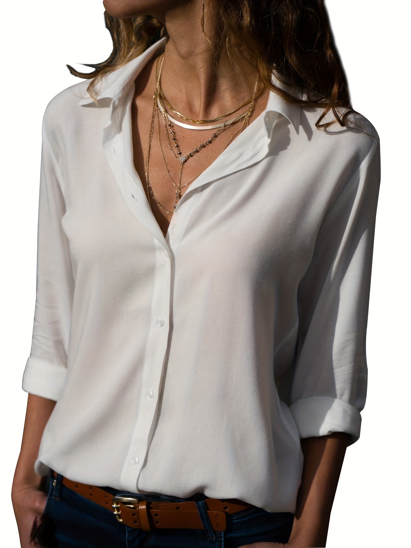 Versatile Solid Shirt, Casual Button Front Long Sleeve Collar Shirt, Women's Clothing