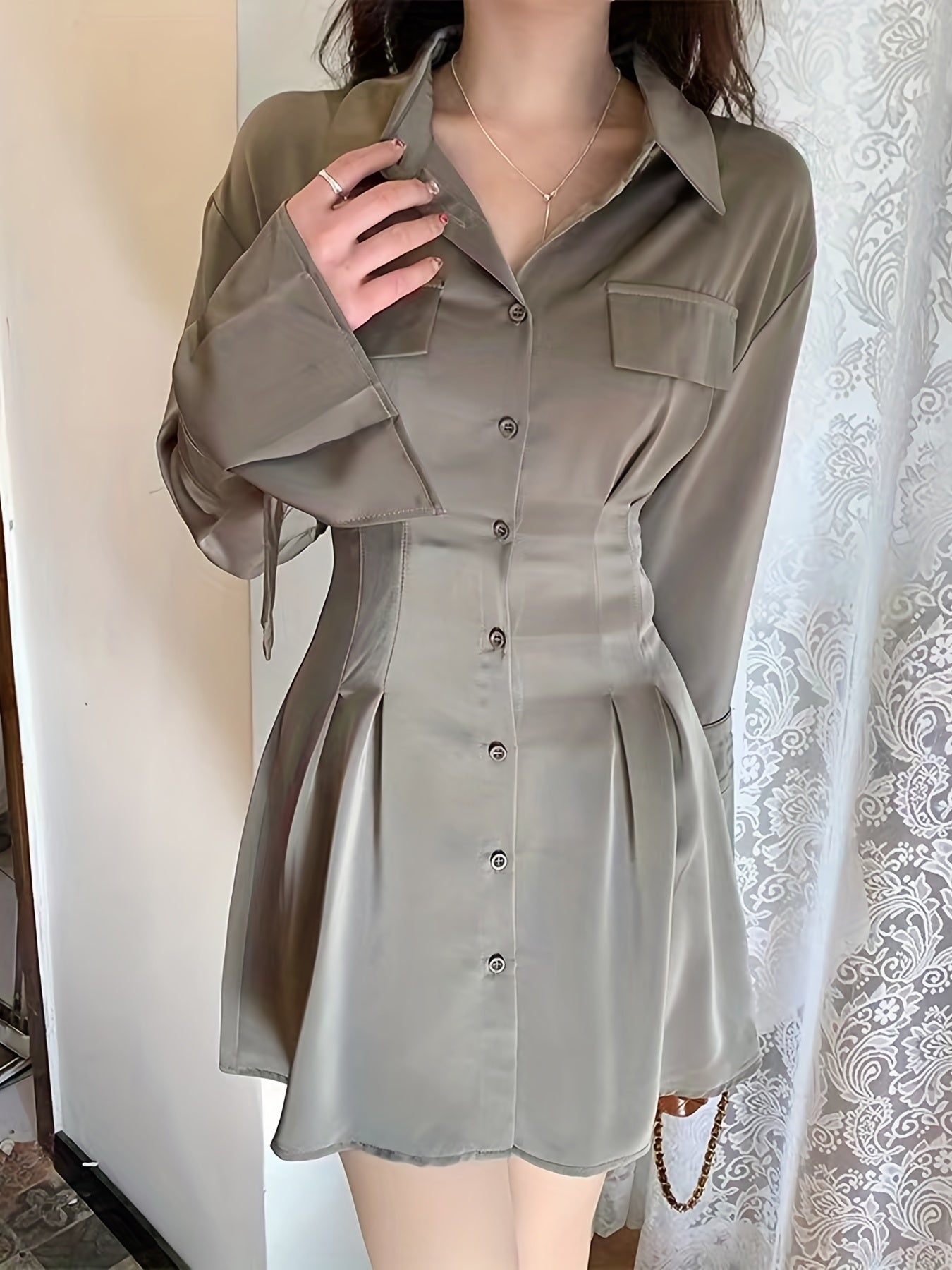 vlovelaw Button Front Tucked Dress, Casual Solid Long Sleeve Collared Shirt Dress, Women's Clothing