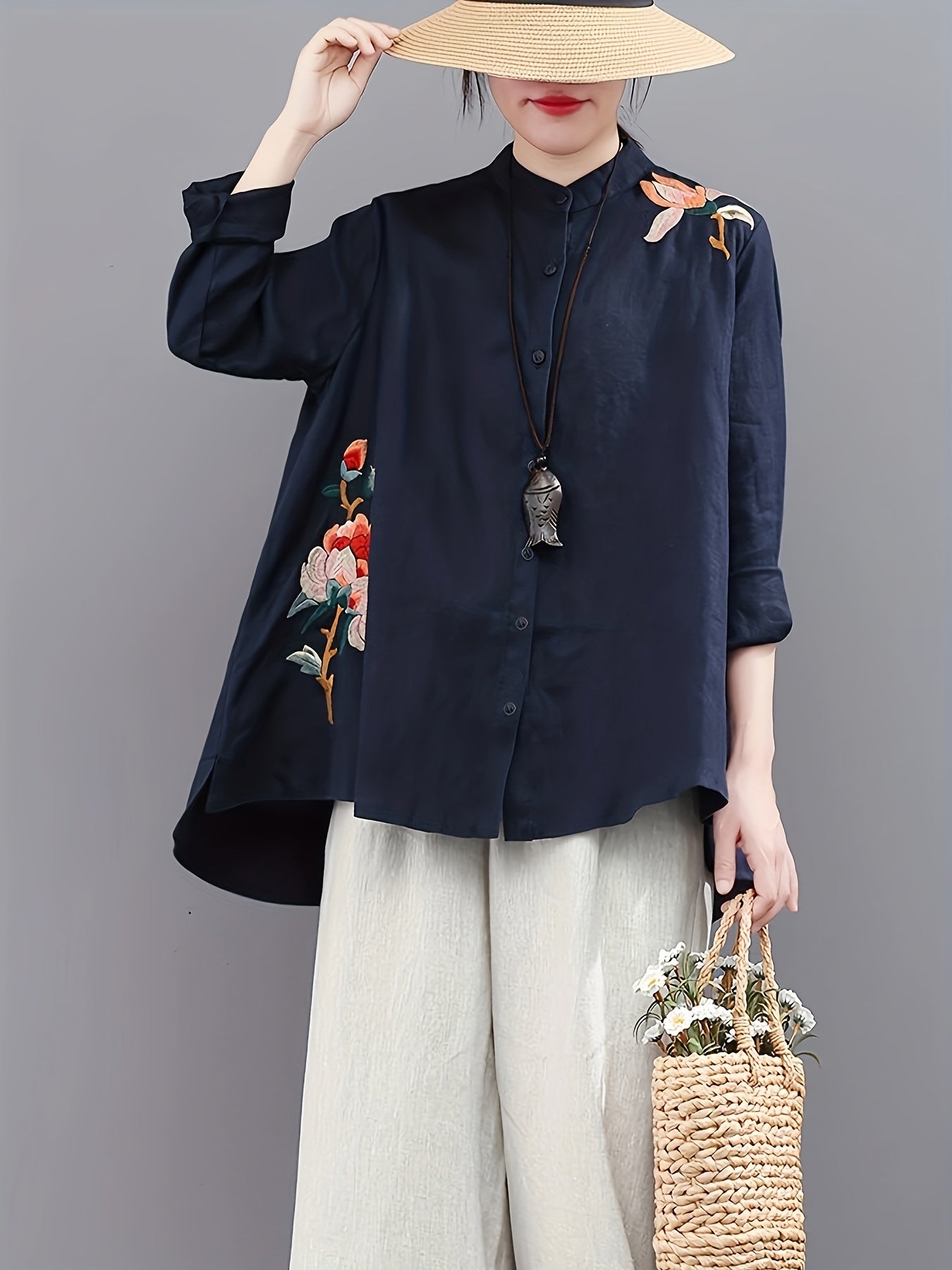 Chinese Retro Embroidered T-Shirt, Long Sleeve Button Up High Neck Casual Top For Spring & Summer, Women's Clothing