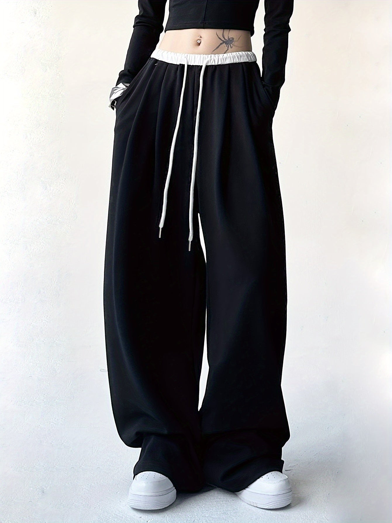 vlovelaw Color Block Wide Leg Pants, Casual Drawstring Loose Slant Pockets Pants For Spring & Fall, Women's Clothing