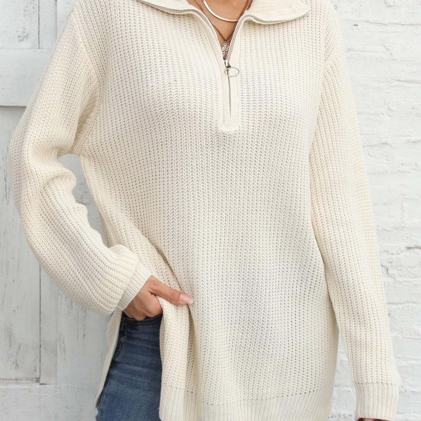 vlovelaw Long Sleeve Half Zip Sweater, Side Slit Casual Sweater For Winter & Fall, Women's Clothing