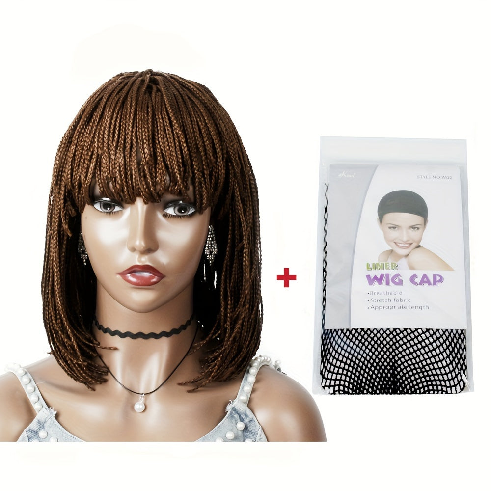 12 Inch Short Box Braid BoBo Wig - Synthetic Hair, Straight Style, Elastic Net Cap, Cornrow Braided Design, Bangs, Basics Style for African Women
