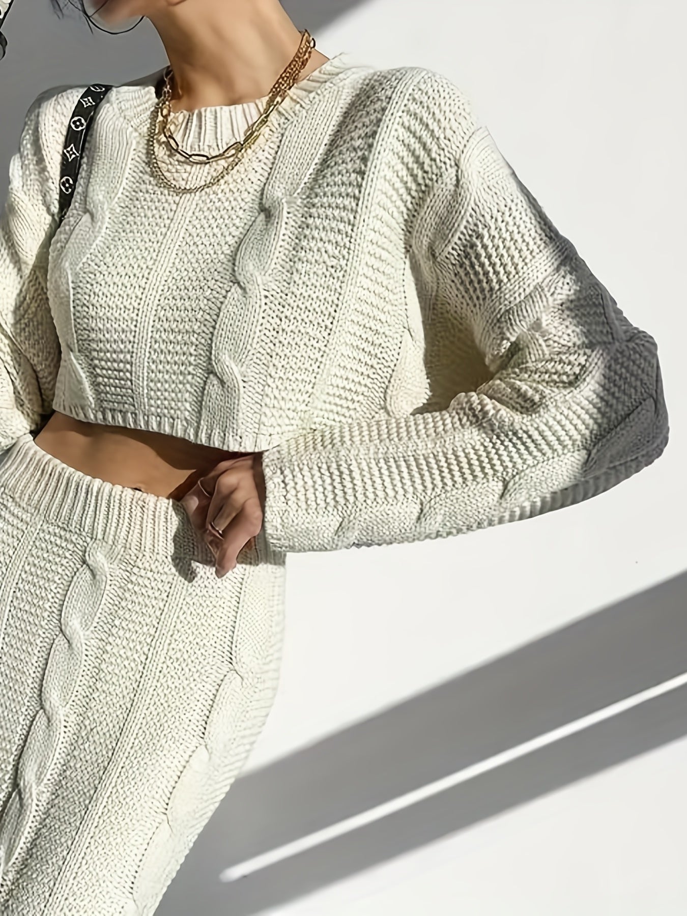 vlovelaw Twist Pattern Knitted Two-piece Set, Long Sleeve Crop Top & Split Maxi Skirt Outfits, Women's Clothing