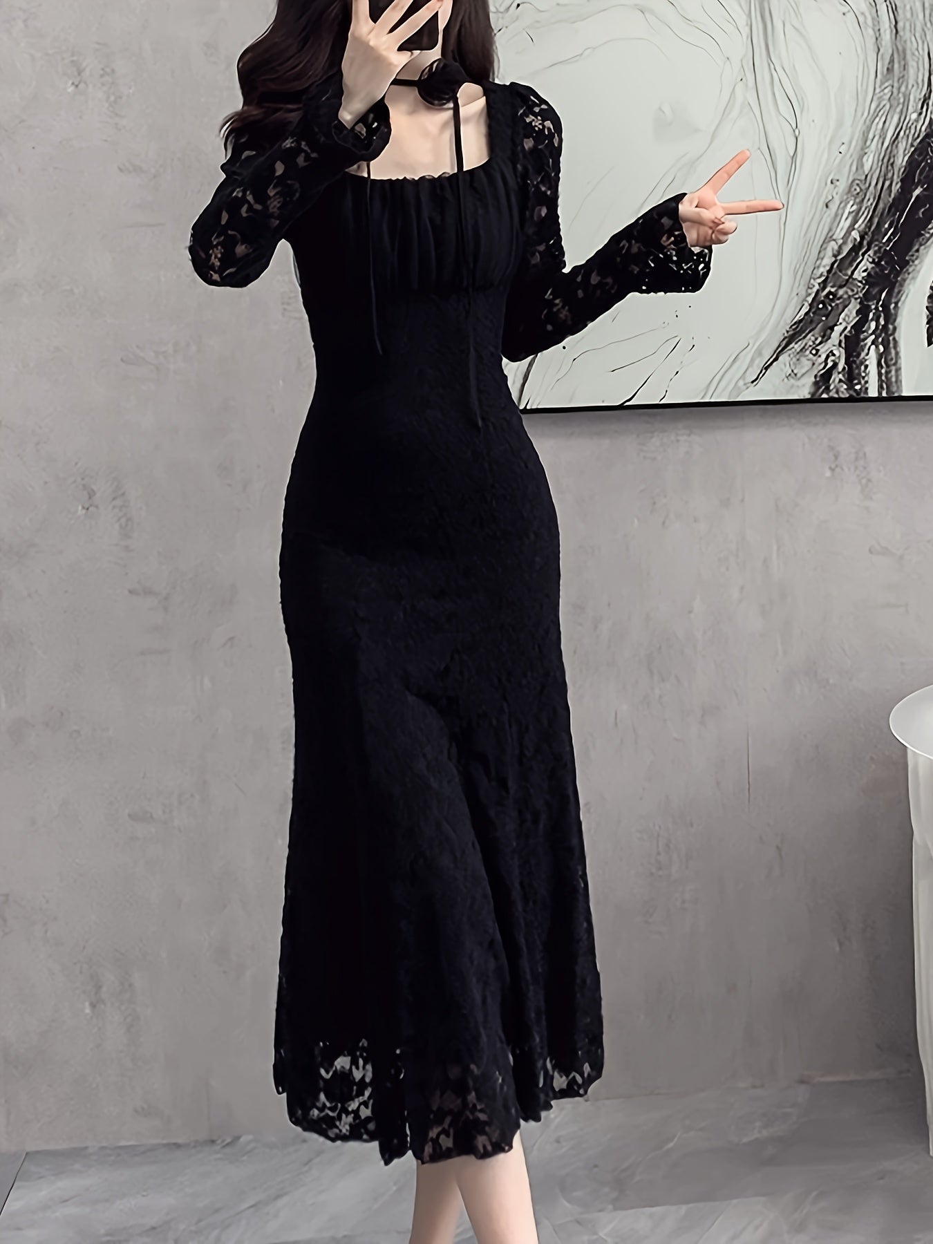 vlovelaw Square Neck Lace Trumpet Dress, Chic Long Sleeve Ruched Mid Calf Dress, Women's Clothing