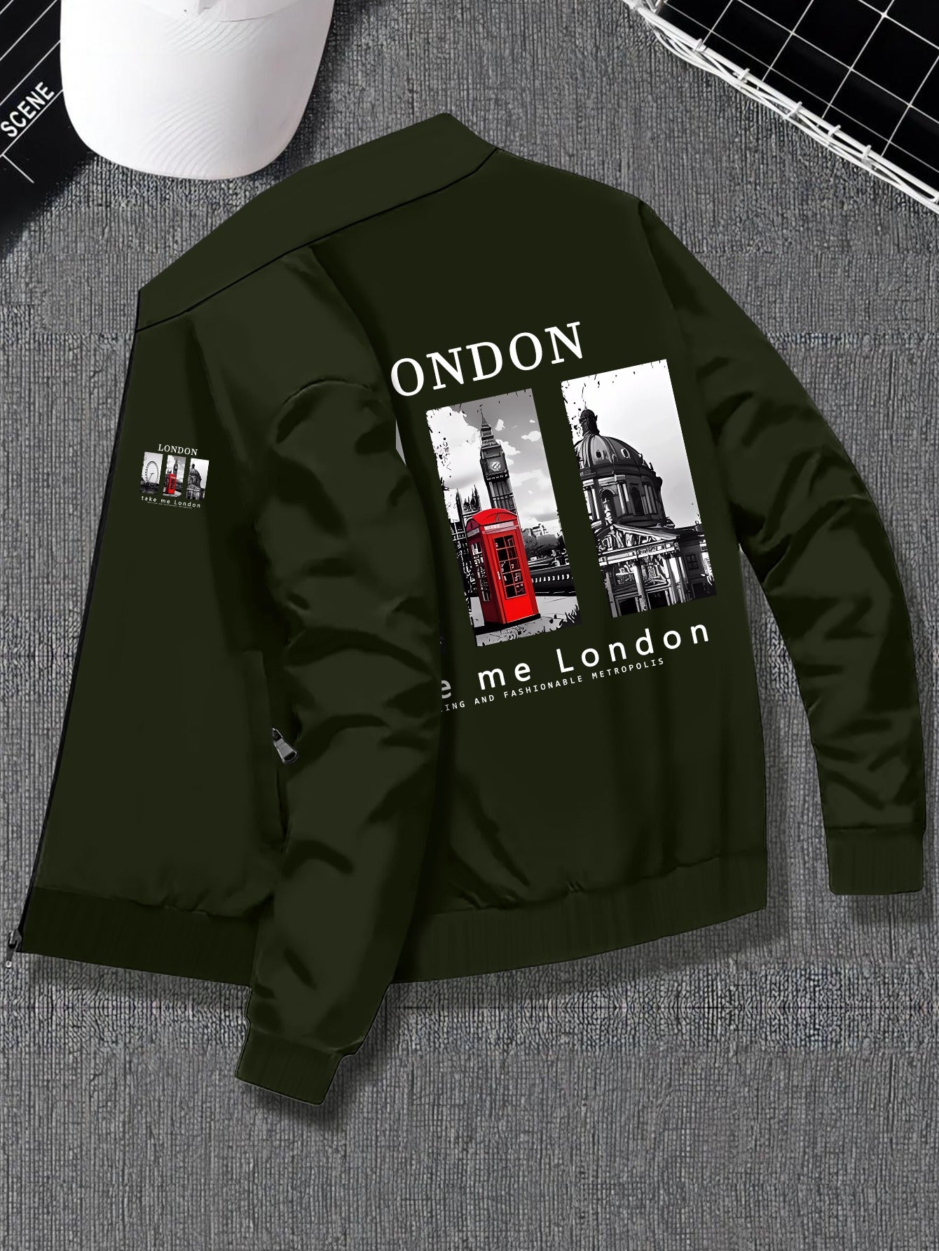 Plus Size Men'S Varsity Jacket with Stand Collar, Casual Polyester Blend, Zipper Closure, Regular Fit, No Lining, Stretch Fabric, Pockets, London Print Design