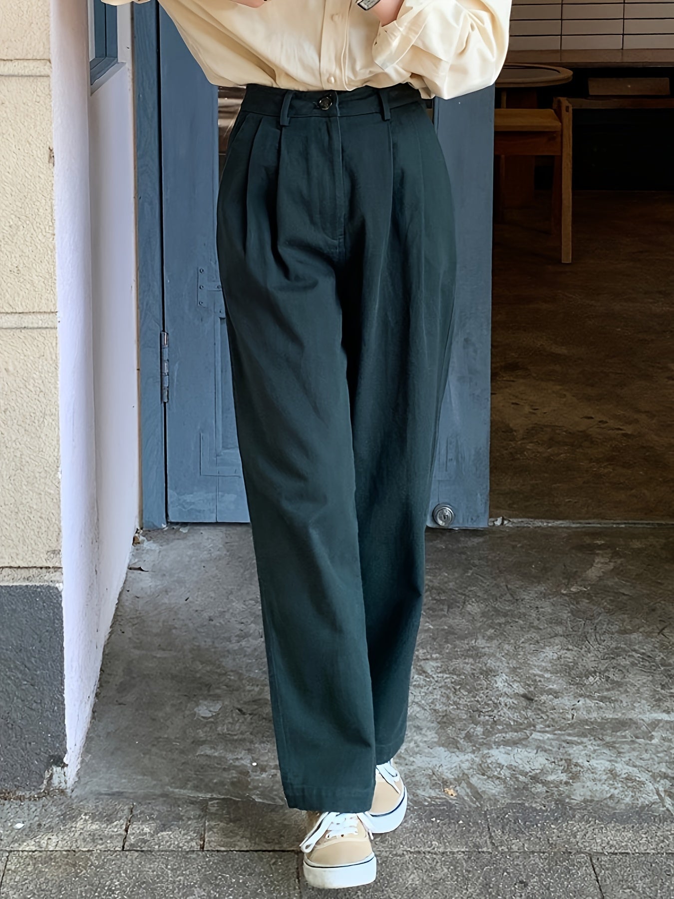 vlovelaw Button Front Straight Leg Pants, Versatile Solid Pants For Fall & Winter, Women's Clothing