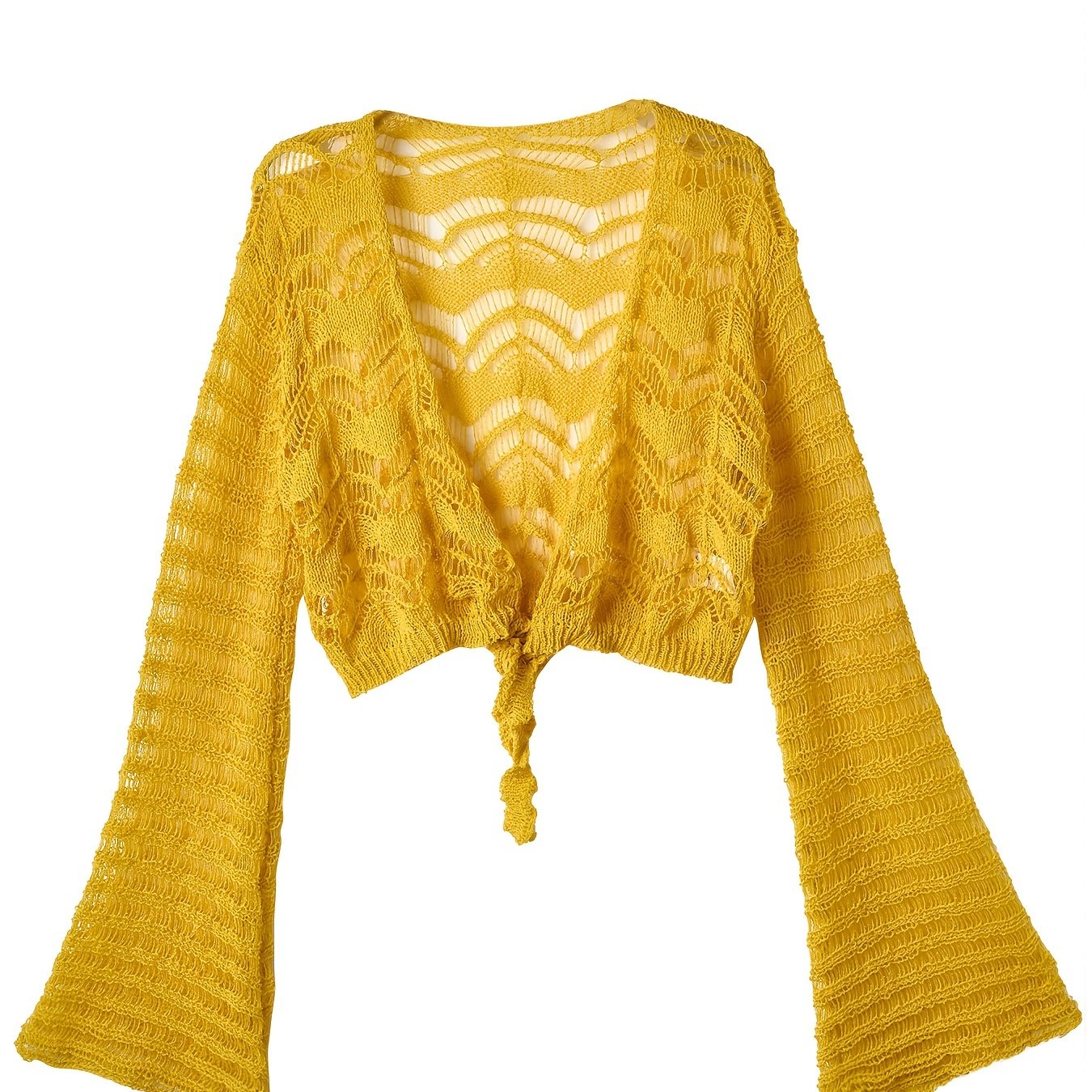 vlovelaw vlovelaw Crochet Cropped Knit Cardigan, Boho Flared Sleeve Solid Sweater, Women's Clothing