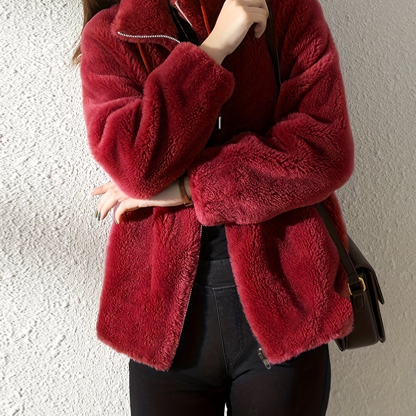 xieyinshe  Drawstring Teddy Coat, Casual Zip Up Long Sleeve Warm Outerwear, Women's Clothing