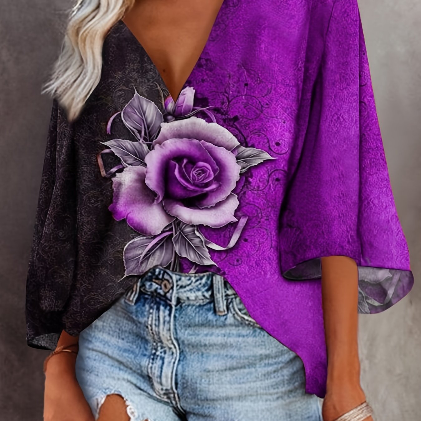 Plus Size Rose Print Bat Sleeve V Neck Top, Women's Plus Medium Stretch Casual T-shirt