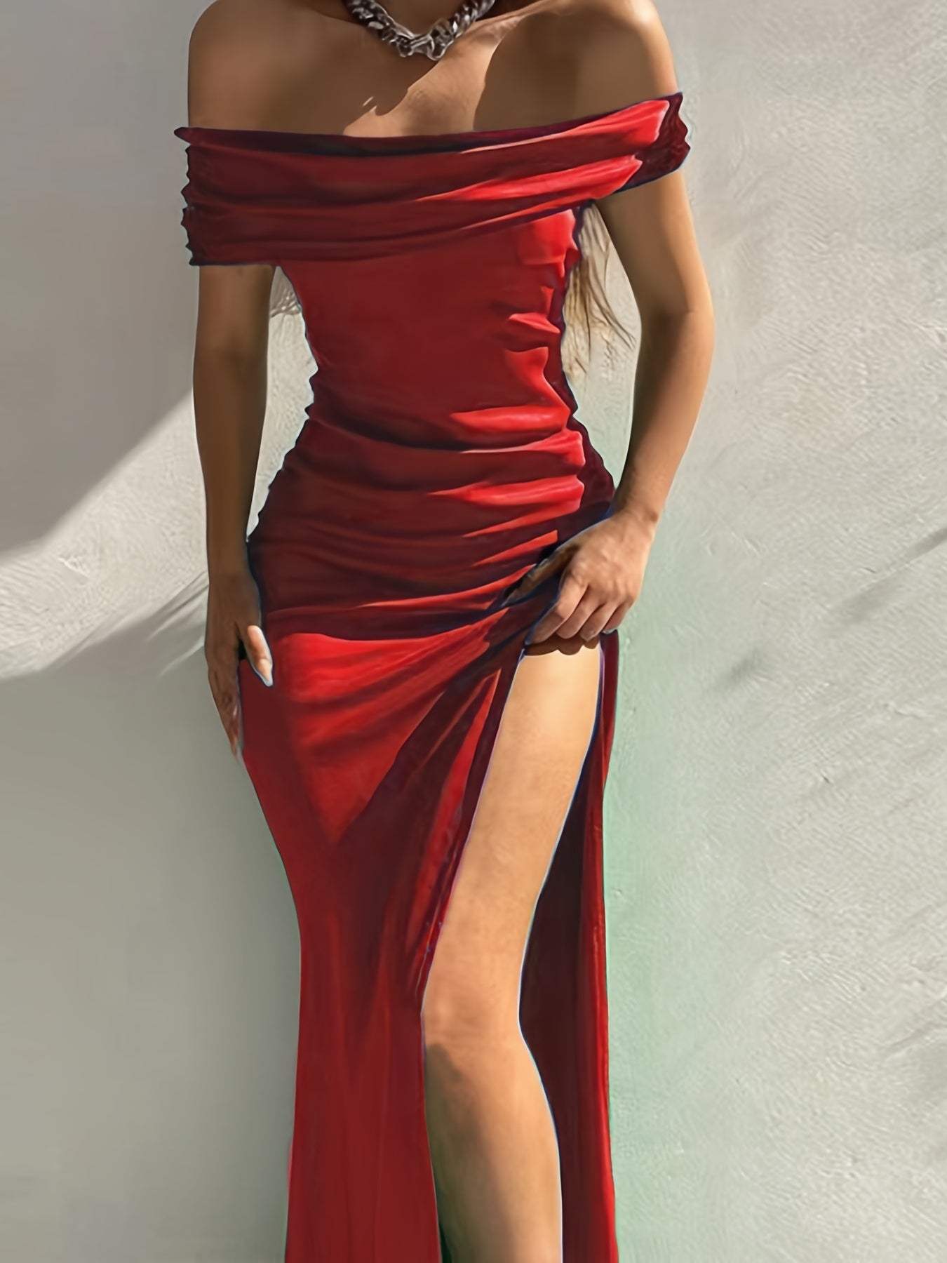 vlovelaw Off Shoulder Slit Maxi Dress, Elegant Formal Party Evening Waist Solid Color Sleeveless Mid-length Dresses, Women's Clothing