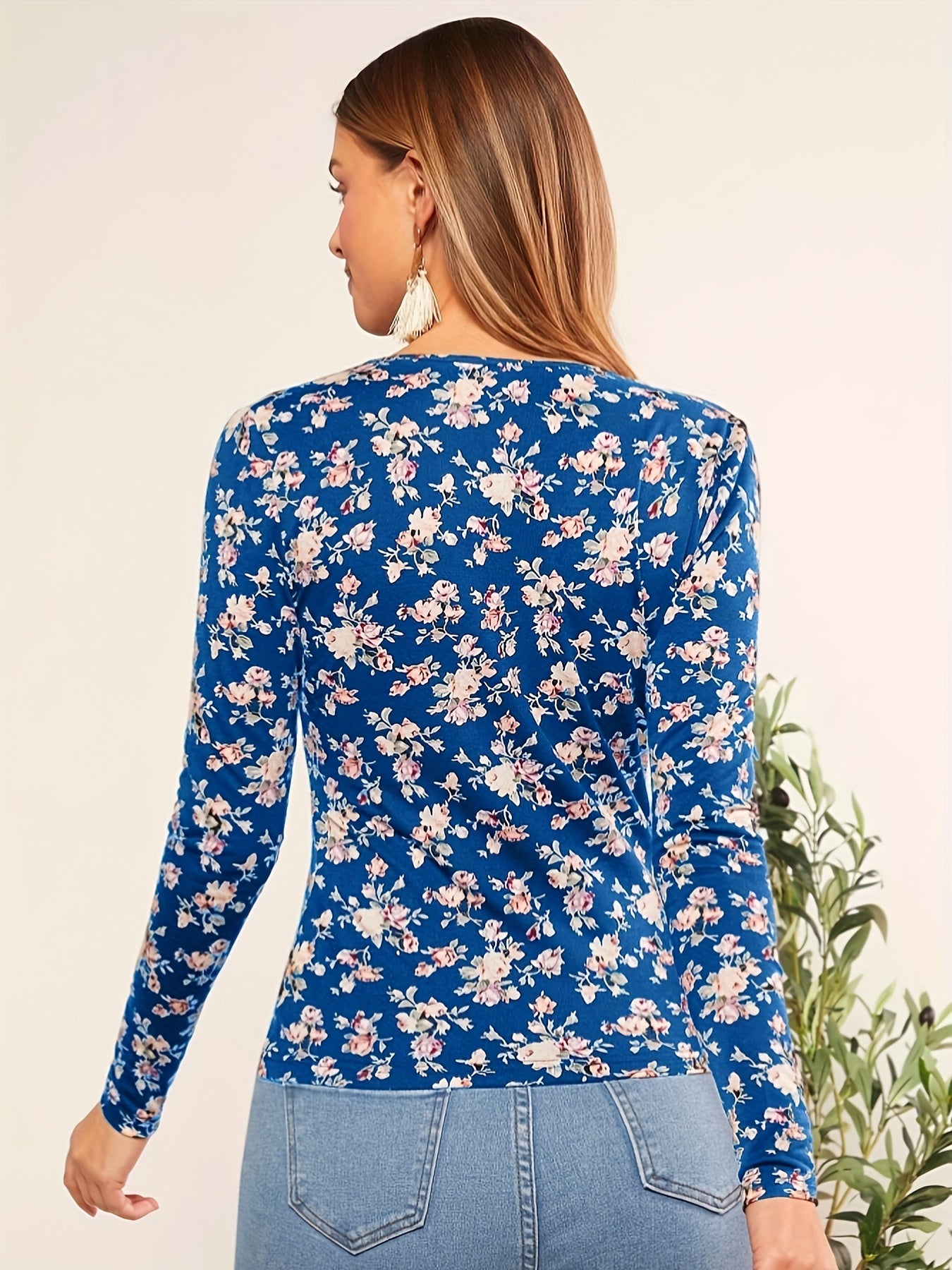 vlovelaw Floral Print V Neck T-Shirt, Casual Long Sleeve Top For Spring & Fall, Women's Clothing