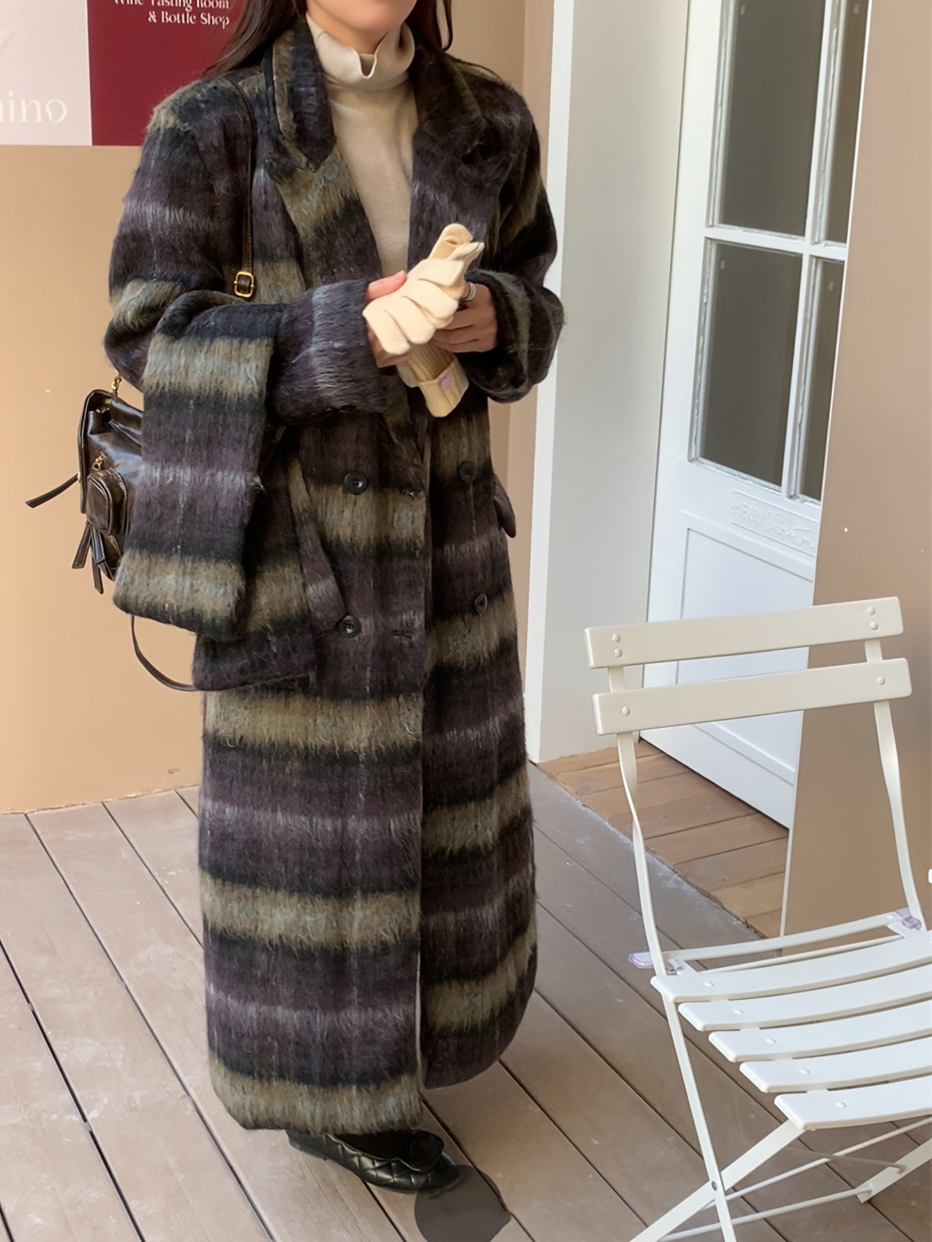 vlovelaw Plaid Print Double-breasted Coat, Casual Thermal Long Sleeve Lapel Overcoat For Winter, Women's Clothing