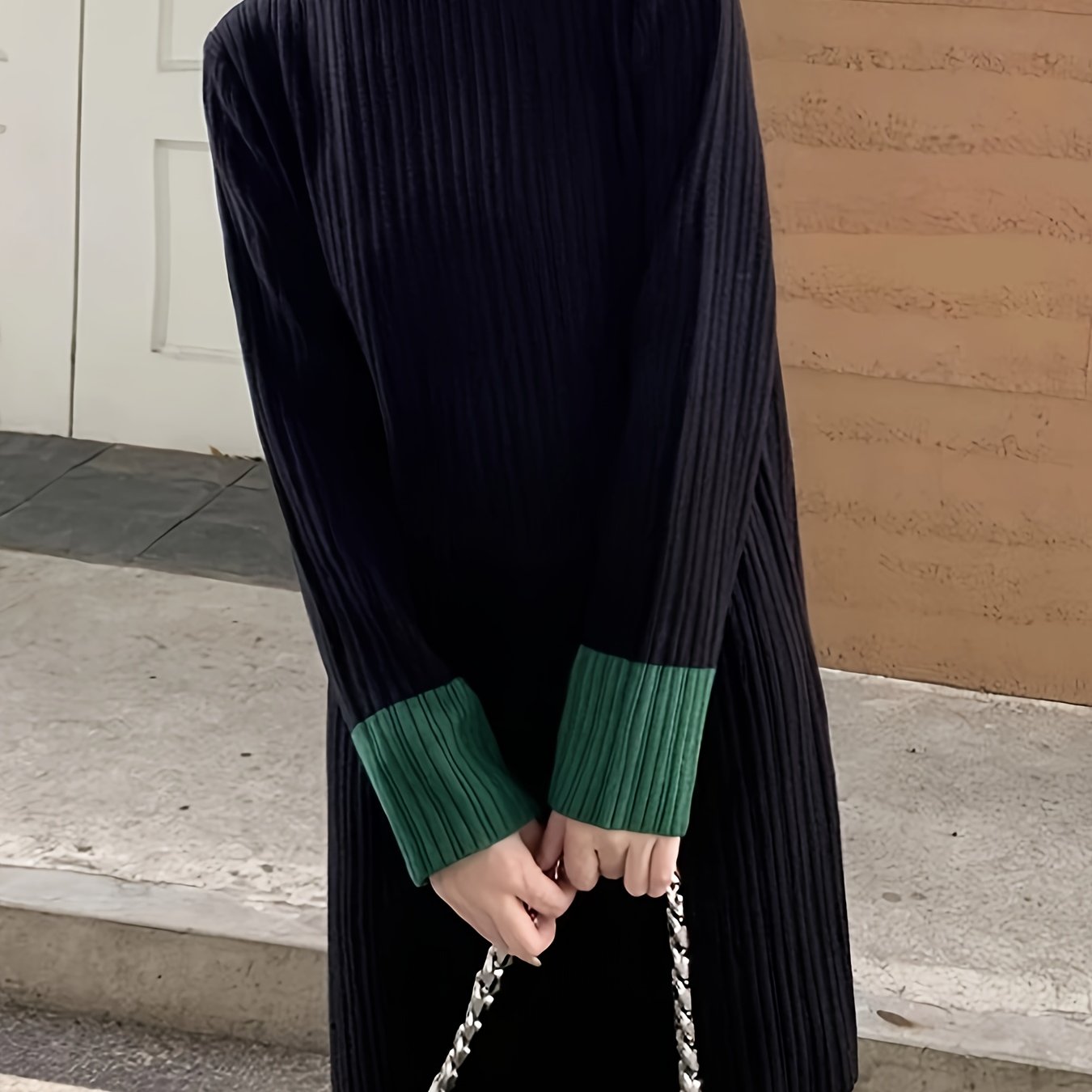 vlovelaw Colorblock Turtle Neck Knitted Dress, Elegant Long Sleeve Sweater Dress, Women's Clothing