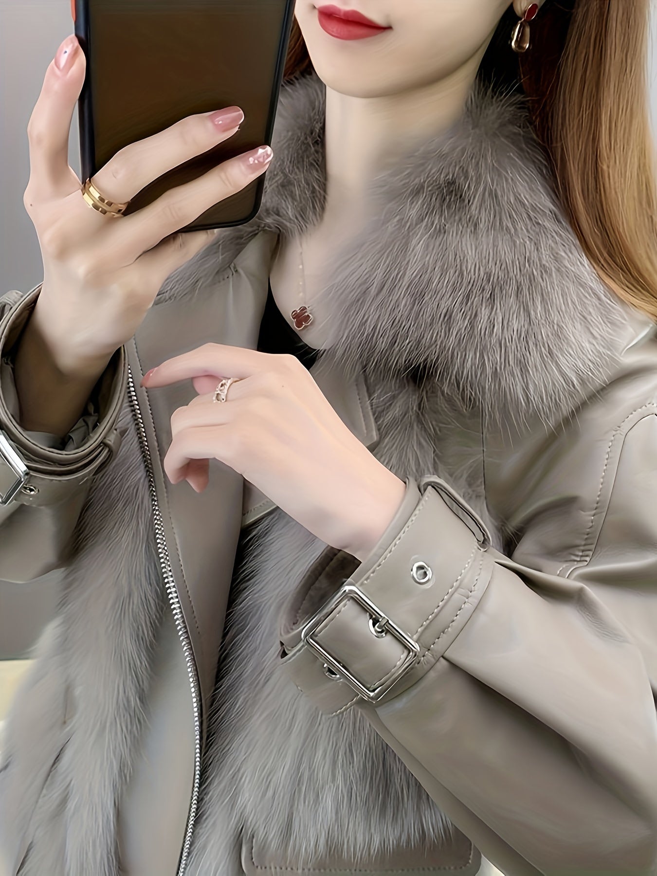 vlovelaw Fluffy Trim Solid Coat, Casual Zip Up Long Sleeve Winter Outerwear, Women's Clothing
